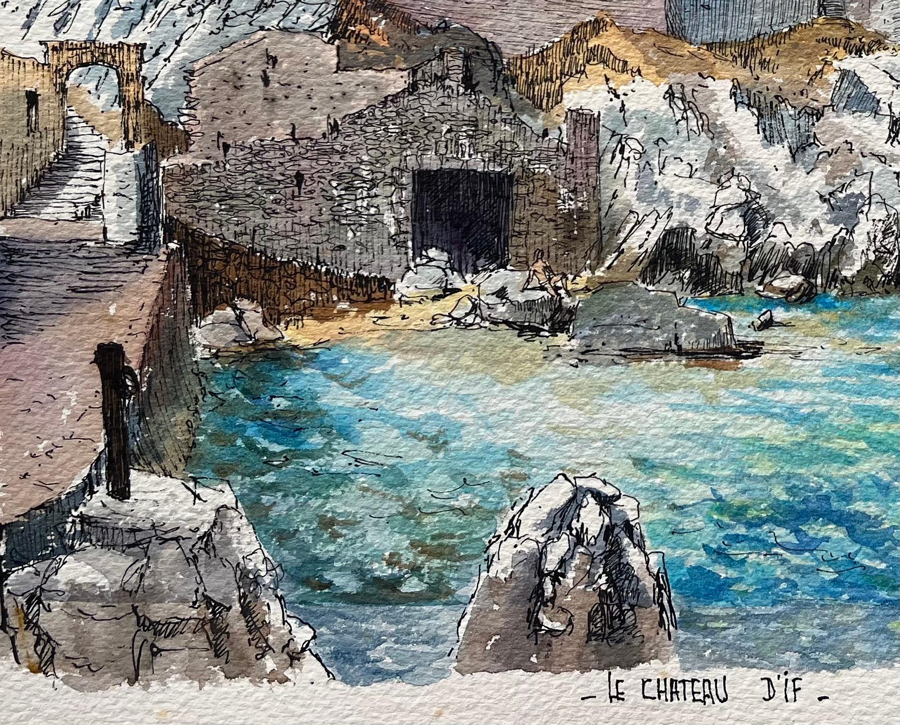 Aquarelle française du Château d'If Aquarelle de Marseille avec la forteresse historique en vente 1