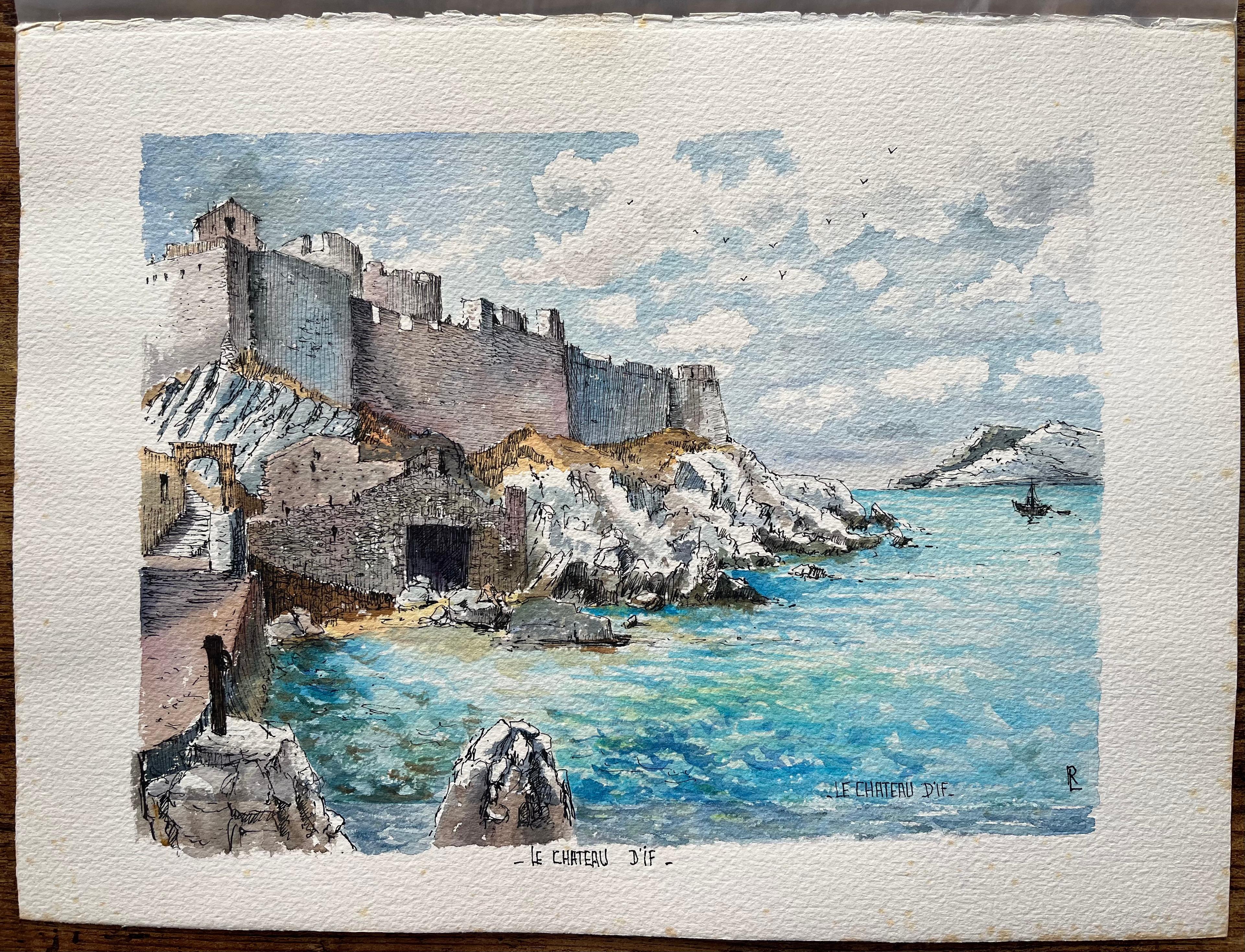 Aquarelle française du Château d'If Aquarelle de Marseille avec la forteresse historique - Art de Robert Lepine (1929 - 2017)