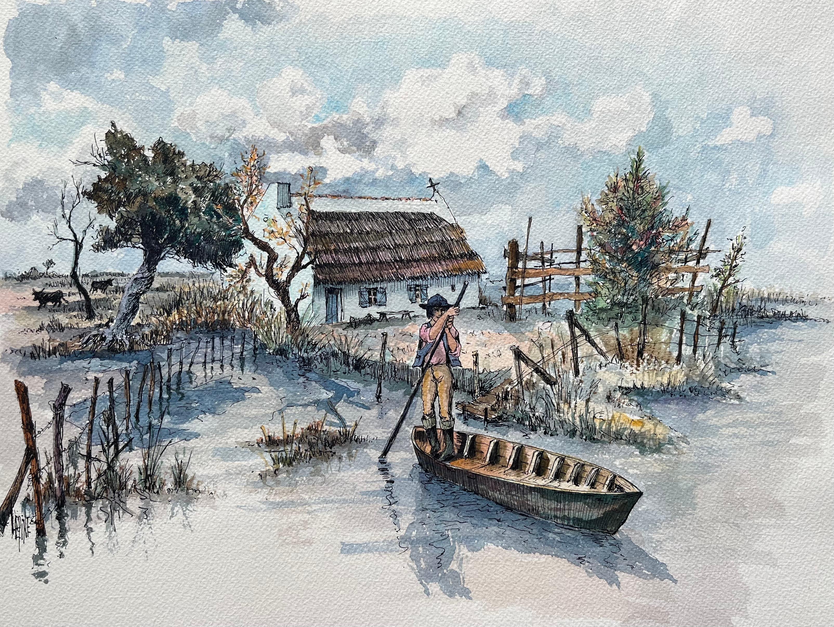 Landscape Art di Robert Lepine (1929 - 2017) - Acquerello della Camargue francese raffigurante una Cabine di palude con barca e cavaliere