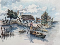 French Camargue Watercolor of Marshland Cabin with Boat & Horseman