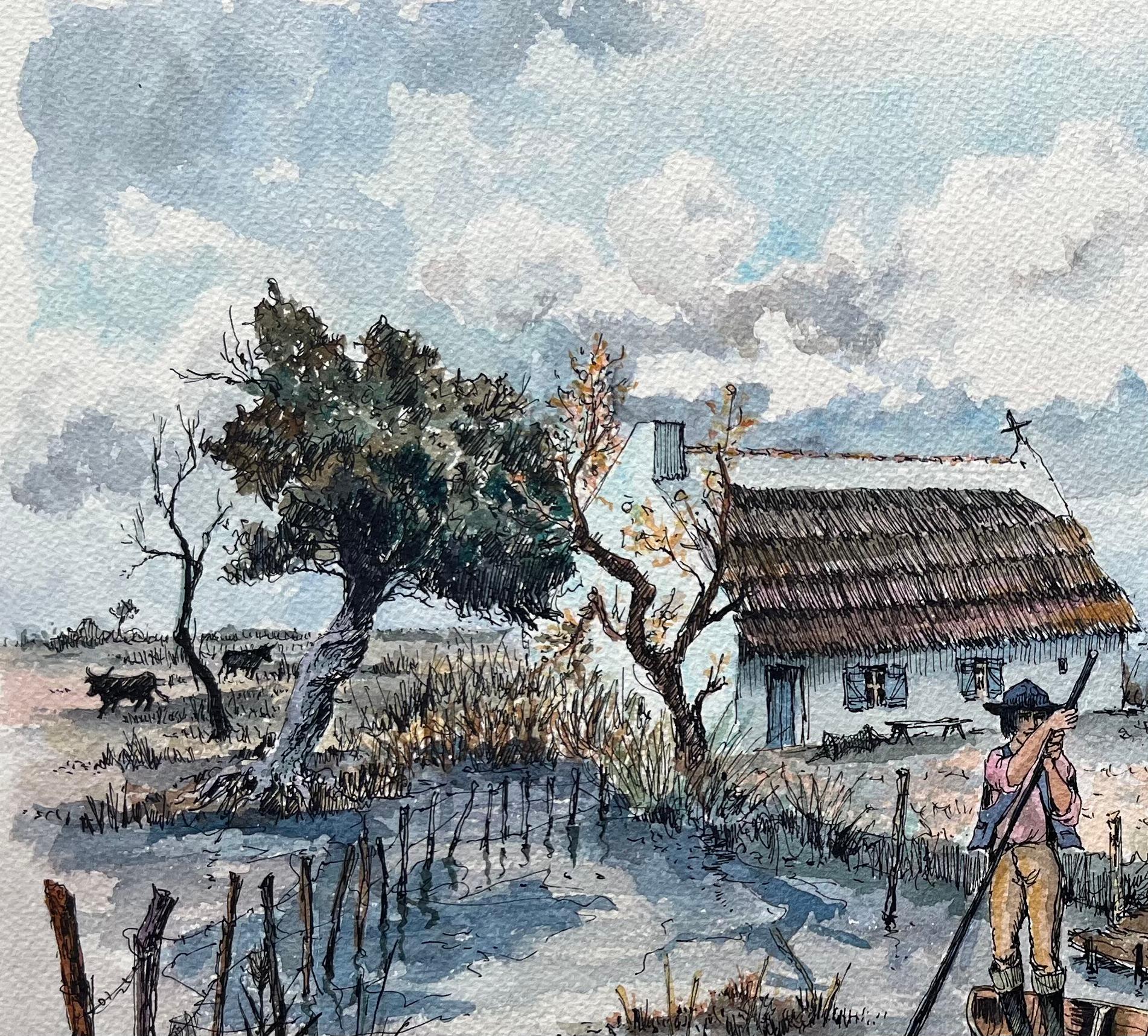 Acquerello della Camargue francese raffigurante una Cabine di palude con barca e cavaliere - Art Scuola francese di Robert Lepine (1929 - 2017)