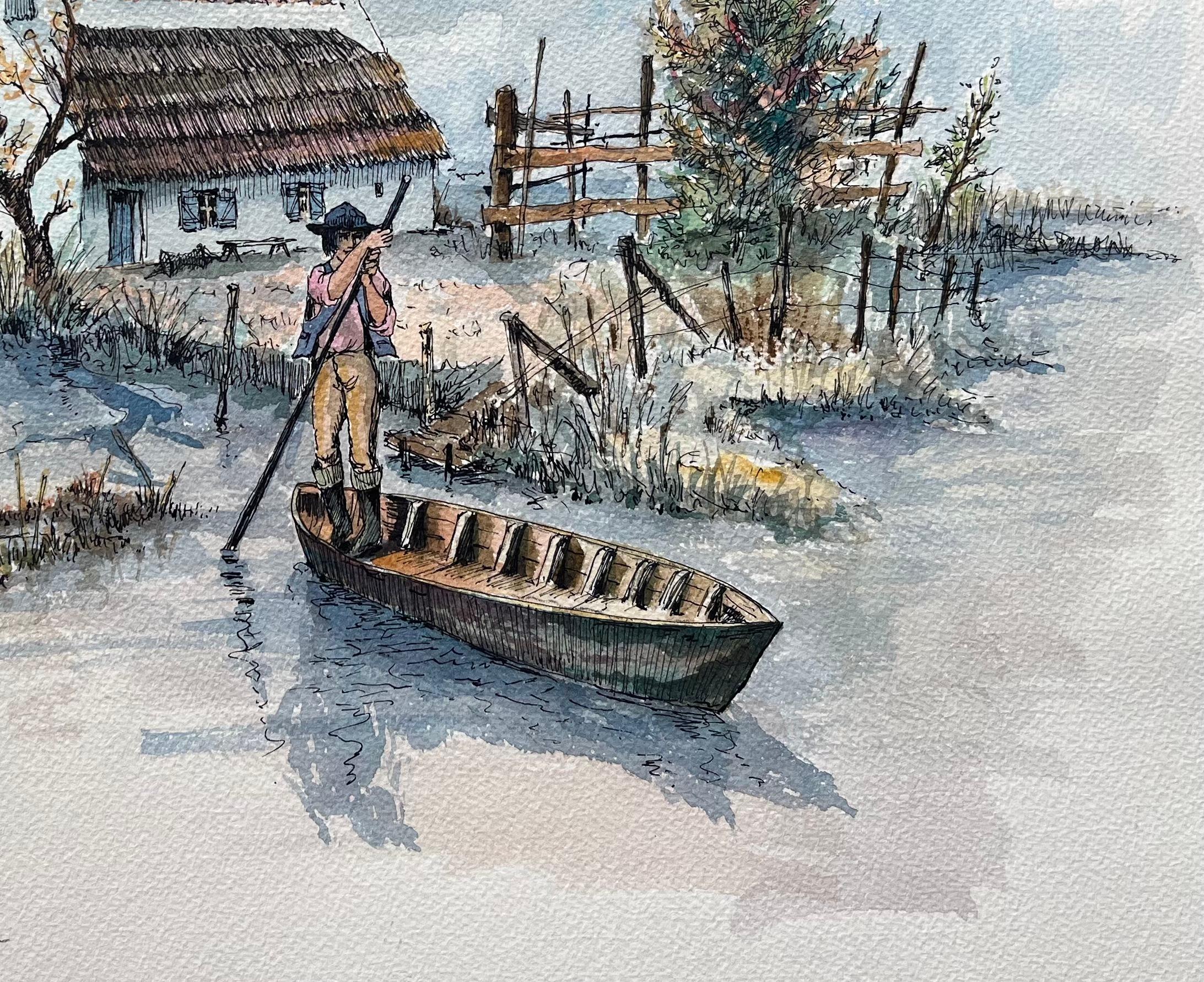 Acquerello della Camargue francese raffigurante una Cabine di palude con barca e cavaliere - Landscape Art Grigio di Robert Lepine (1929 - 2017)