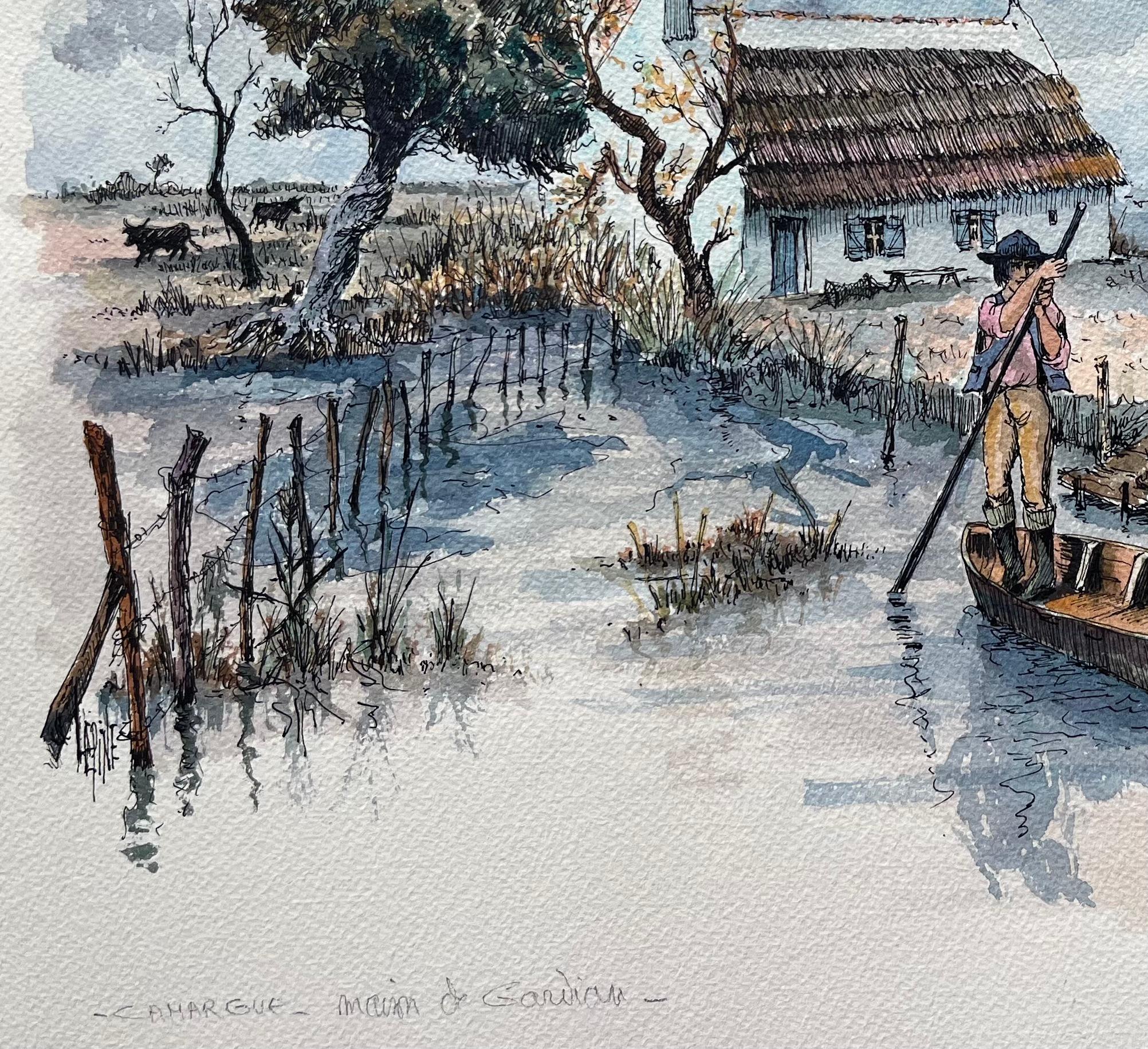 Acquerello della Camargue francese raffigurante una Cabine di palude con barca e cavaliere in vendita 1