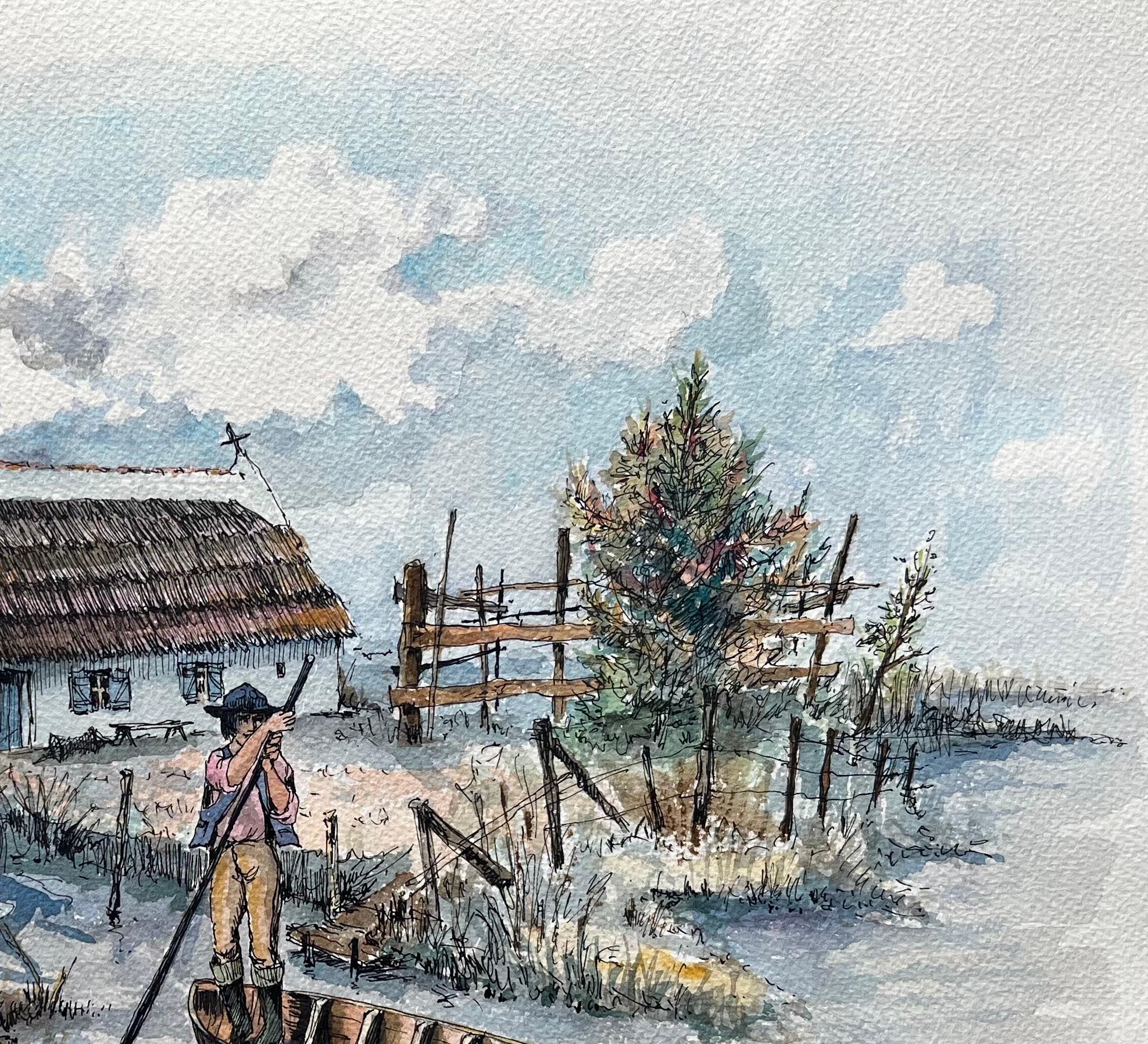 Titolo: Acquerello della Camargue francese raffigurante una Cabine di palude con barca e cavaliere
di Robert Lepine (francese, 1929 - 2017)
Firmato: Yes One
Mezzo di comunicazione: Acquerello su carta da artisti
Dimensioni: 10,75 x 13,5 (altezza x