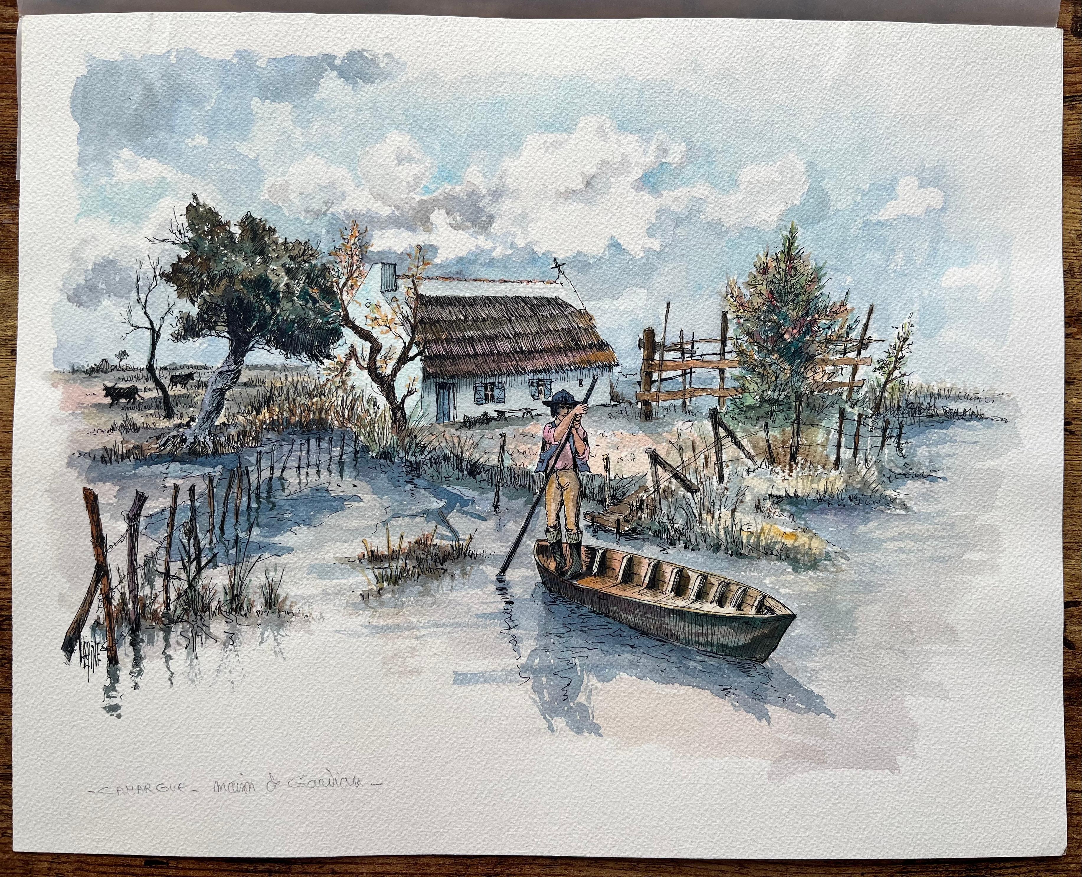 Acquerello della Camargue francese raffigurante una Cabine di palude con barca e cavaliere - Art di Robert Lepine (1929 - 2017)