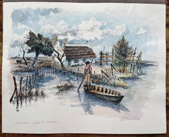 Französische Camargue-Aquarell von Marshland-Kabin mit Boot und Pferd, Camargue