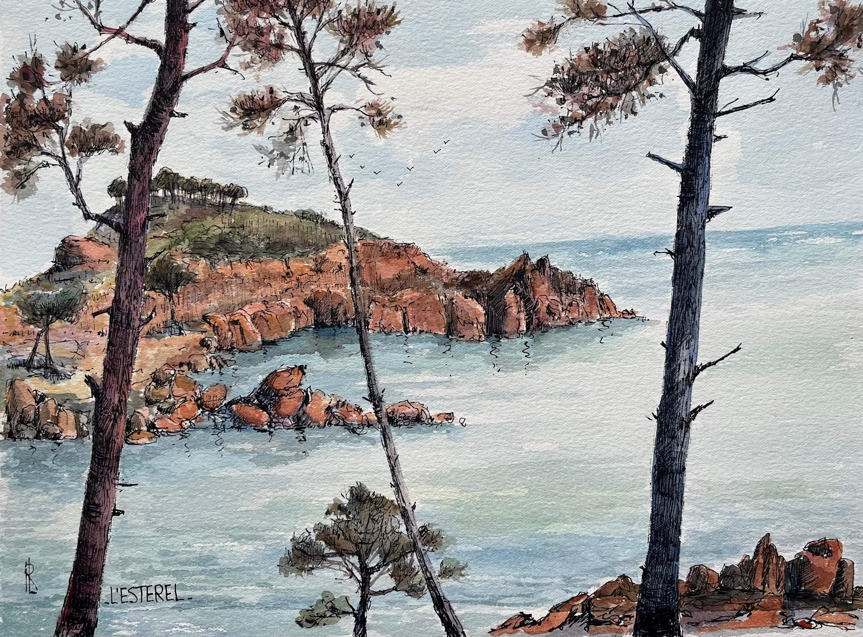 Landscape Art Robert Lepine (1929 - 2017) - Aquarelle de la Corniche d'Or et du littoral de l'Estérel sur la Côte d'Azur