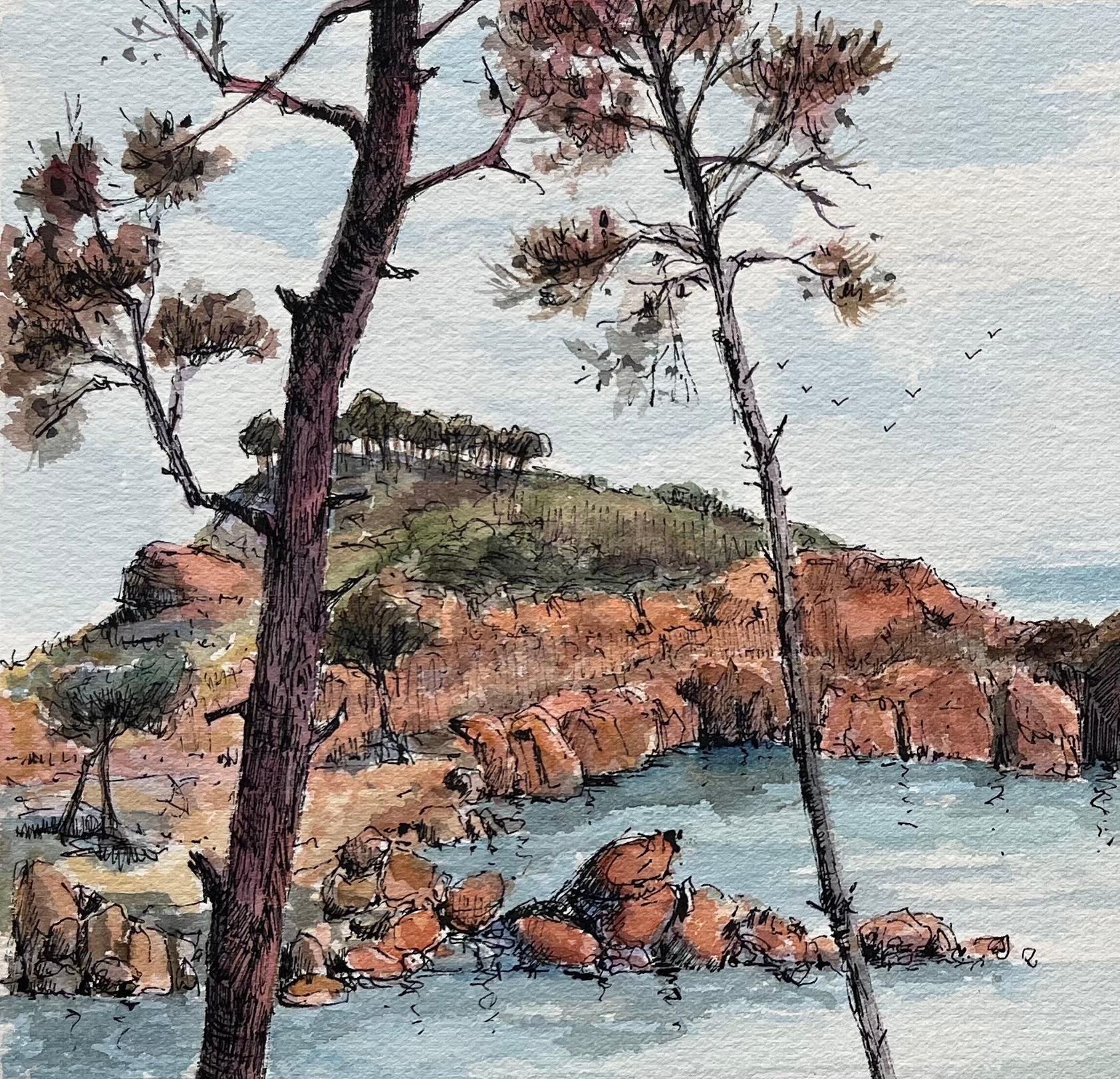 Aquarelle de la Corniche d'Or et du littoral de l'Estérel sur la Côte d'Azur - École française Art par Robert Lepine (1929 - 2017)