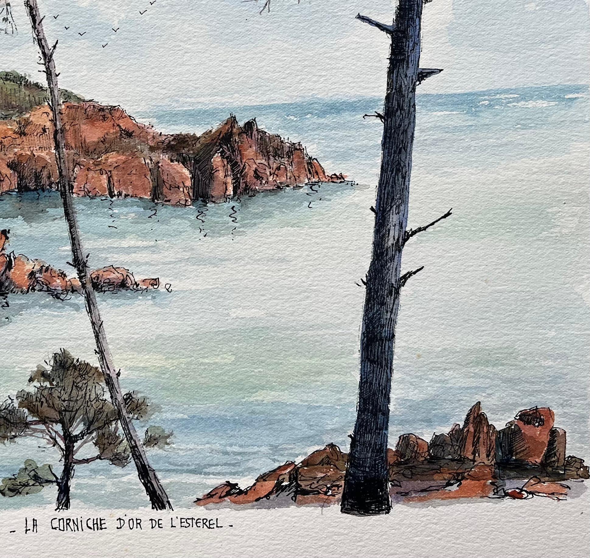 Aquarelle de la Corniche d'Or et du littoral de l'Estérel sur la Côte d'Azur en vente 1