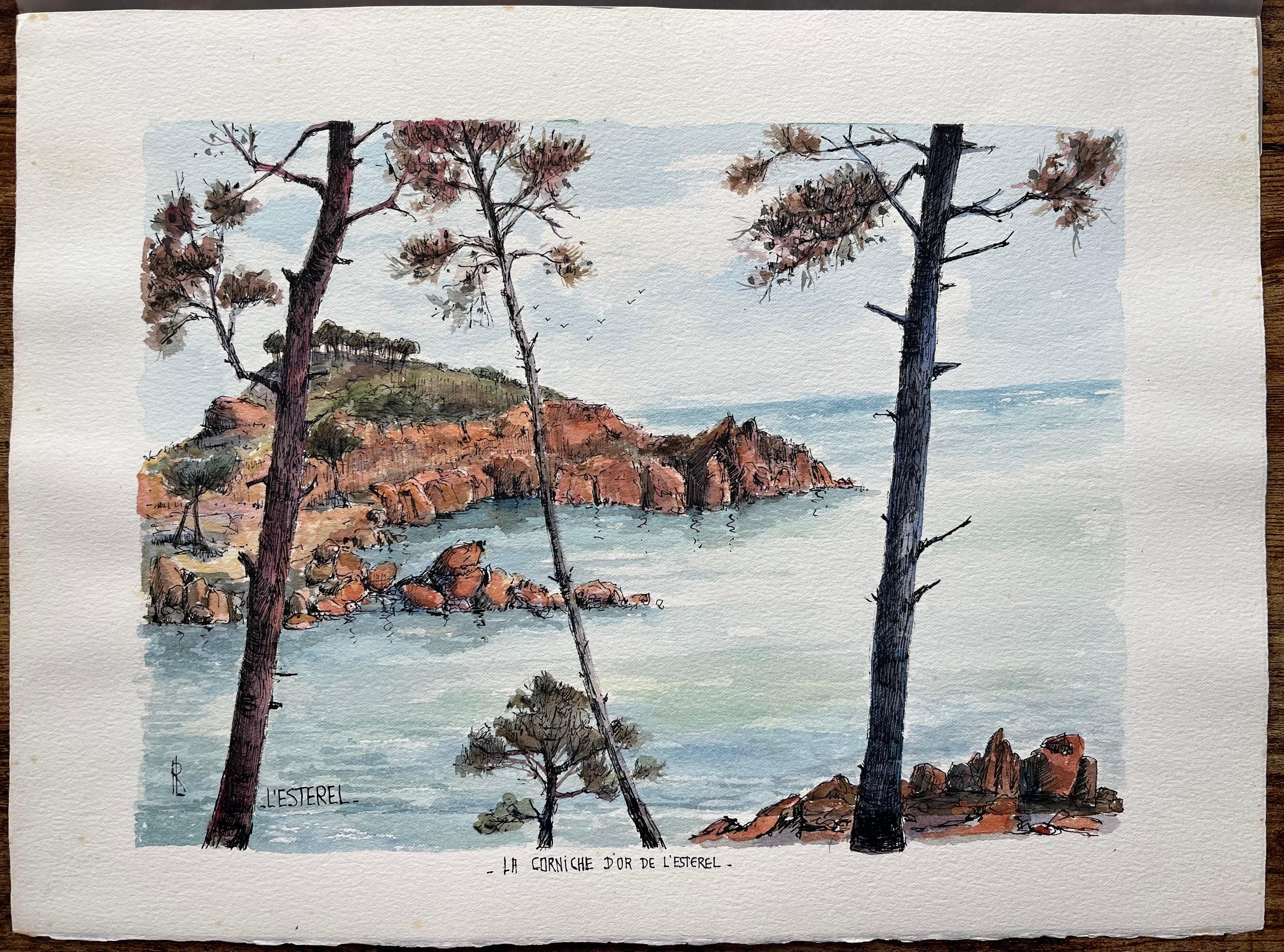 Aquarelle de la Corniche d'Or et du littoral de l'Estérel sur la Côte d'Azur - Art de Robert Lepine (1929 - 2017)