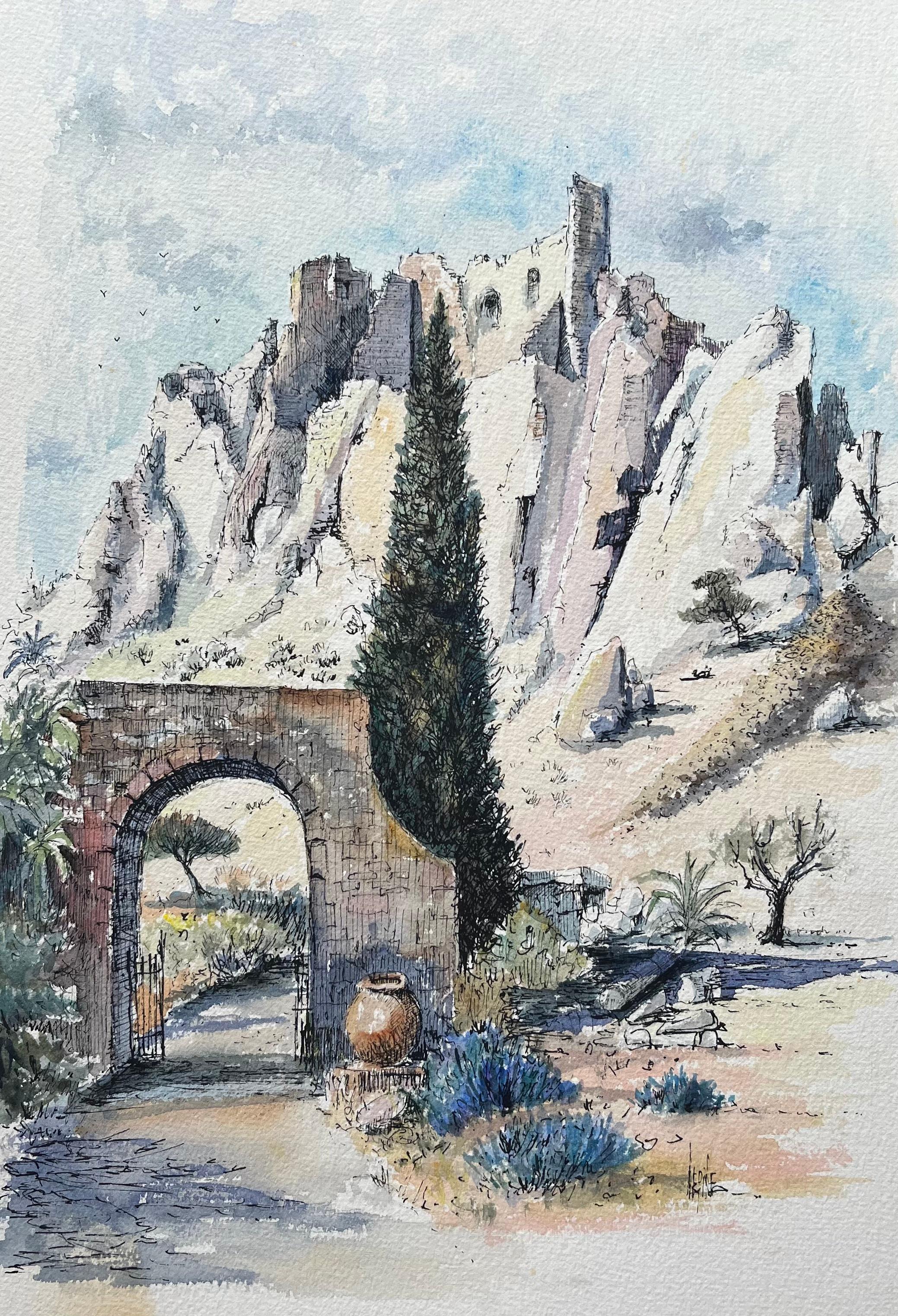Robert Lepine (1929 - 2017) Landscape Art - Les Baux-de-Provence Watercolor of Medieval Ruins & Stone Arch