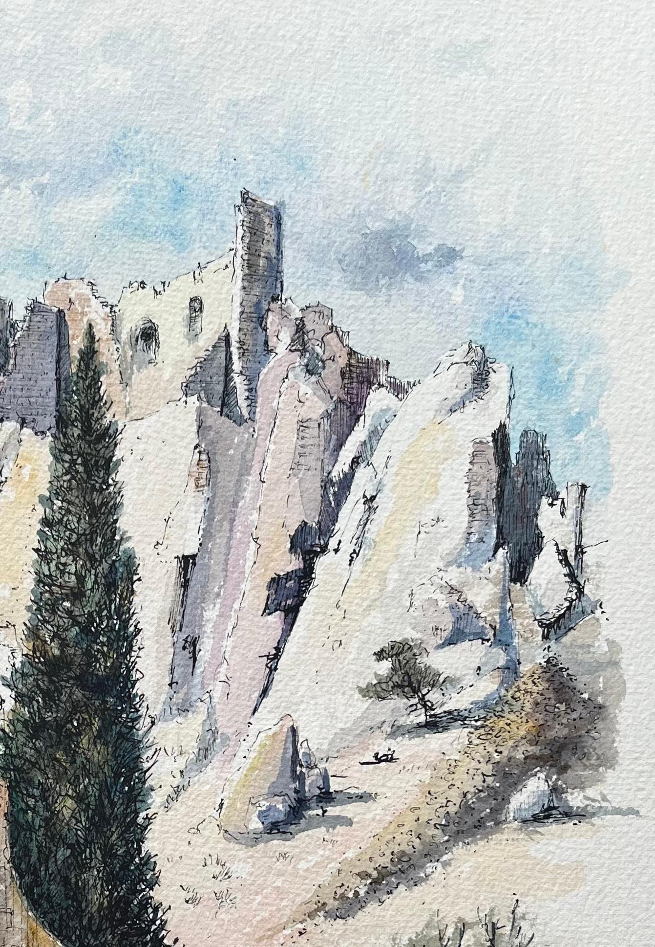 Title:  Les Baux-de-Provence Watercolor of Medieval Ruins & Stone Arch
by Robert Lepine (French, 1929 - 2017)
Signed: Yes
Medium: Watercolor painting on artists paper
Size: 15 x 11 (height x width)
Provenance: From the artists atelier collection,