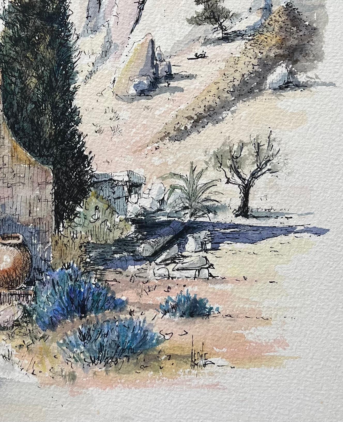 Les Baux-de-Provence Watercolor of Medieval Ruins & Stone Arch - Gray Landscape Art by Robert Lepine (1929 - 2017)