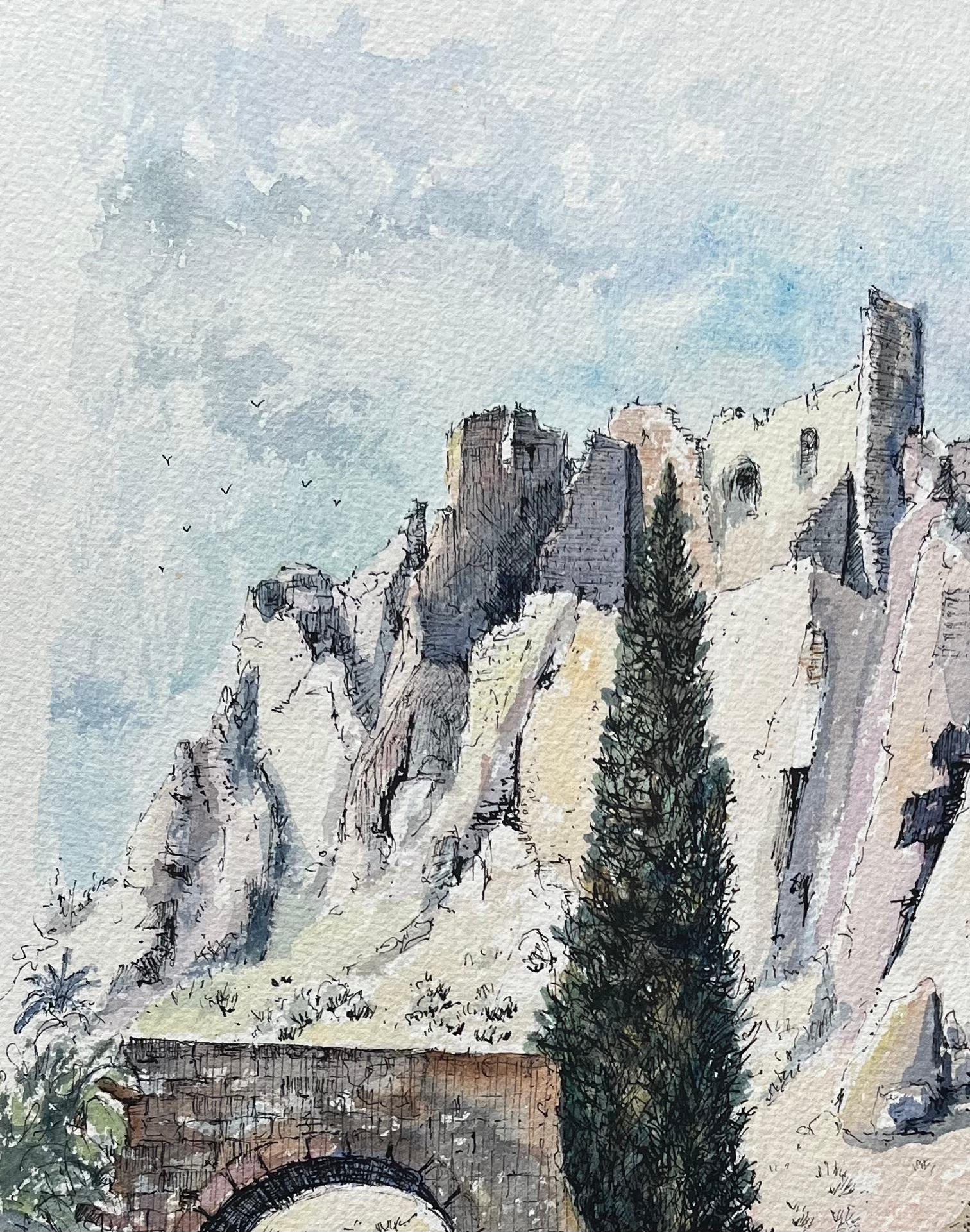 Les Baux-de-Provence Watercolor of Medieval Ruins & Stone Arch For Sale 1