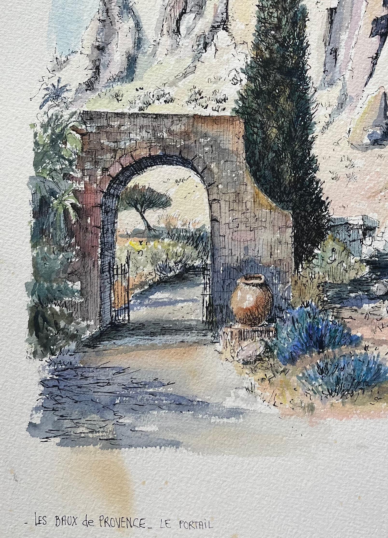 Les Baux-de-Provence Watercolor of Medieval Ruins & Stone Arch - French School Art by Robert Lepine (1929 - 2017)
