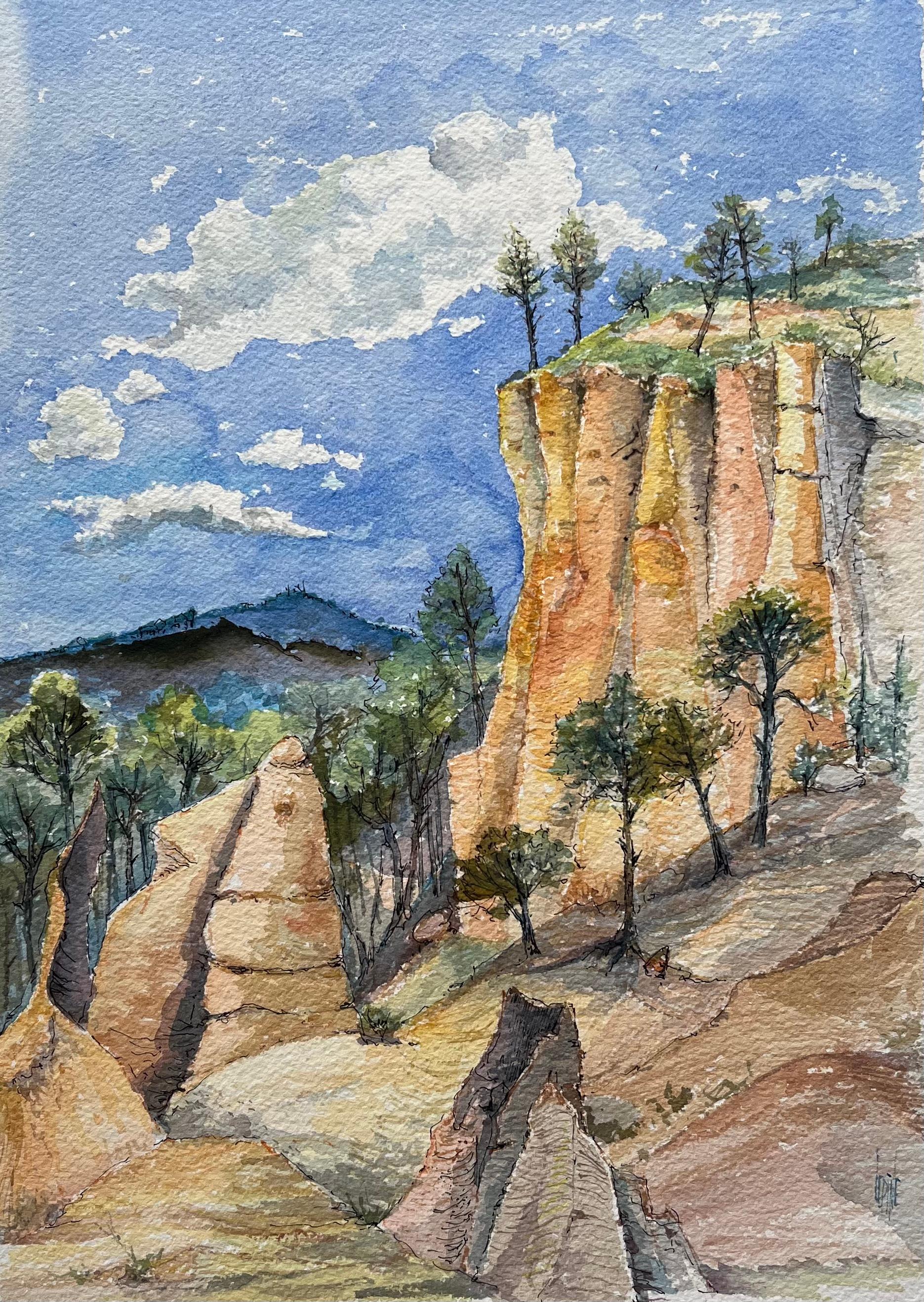 Landscape Art Robert Lepine (1929 - 2017) - Aquarelle de Provence sur les falaises d'OCHRE de Roussillon éclairées par le soleil