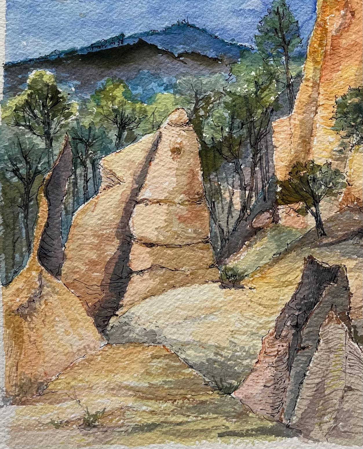 Aquarelle de Provence sur les falaises d'OCHRE de Roussillon éclairées par le soleil - Gris Landscape Art par Robert Lepine (1929 - 2017)