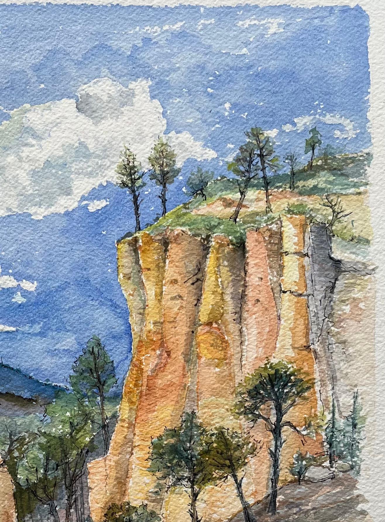 Aquarelle de Provence sur les falaises d'OCHRE de Roussillon éclairées par le soleil - Art de Robert Lepine (1929 - 2017)