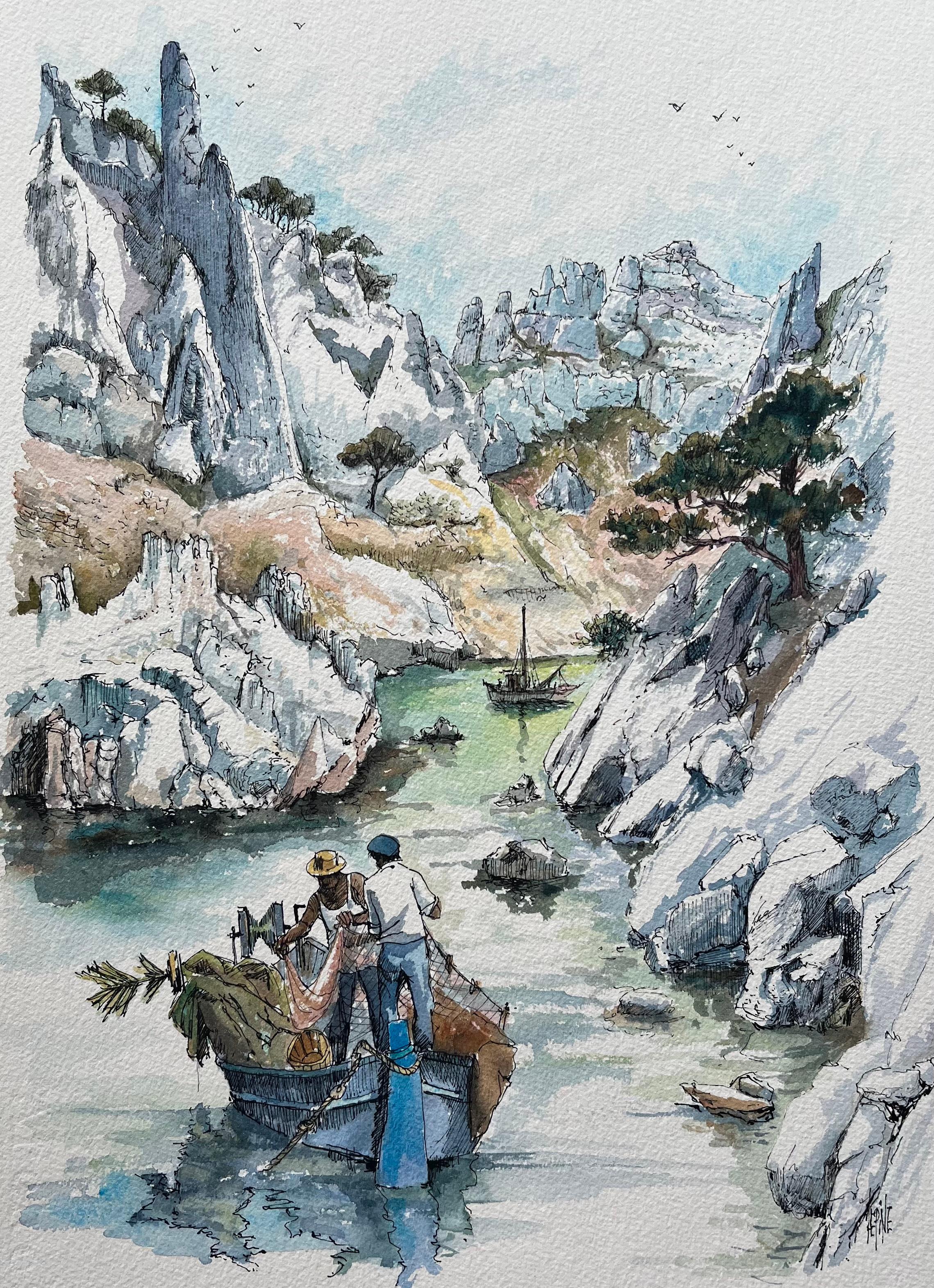 Landscape Painting de Robert Lepine (1929 - 2017) - Acuarela marsellesa de Calanques con pescadores y acantilados calcáreos