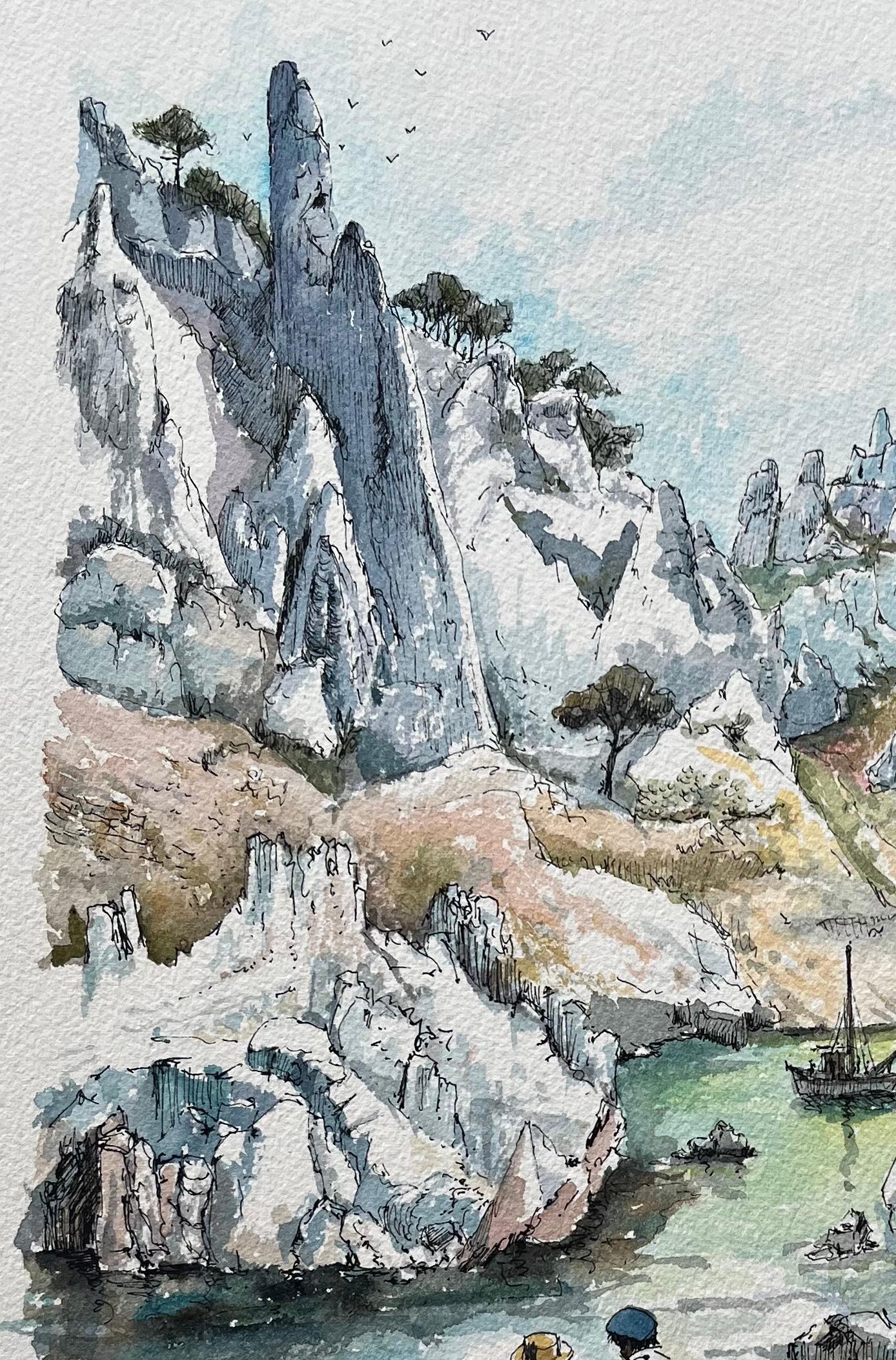 Acuarela marsellesa de Calanques con pescadores y acantilados calcáreos - Landscape Painting Gris de Robert Lepine (1929 - 2017)