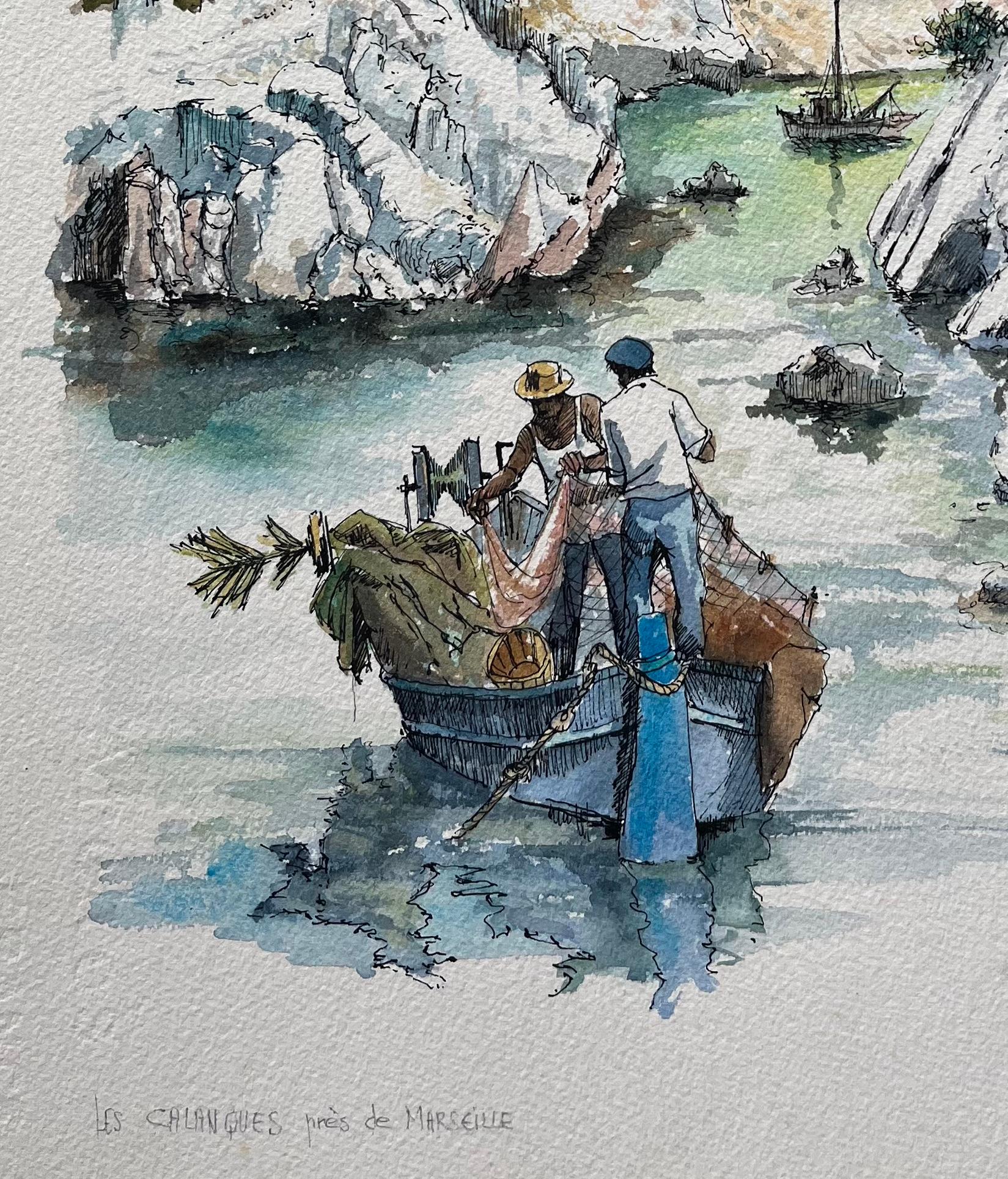 Acuarela marsellesa de Calanques con pescadores y acantilados calcáreos - Painting Escuela francesa de Robert Lepine (1929 - 2017)