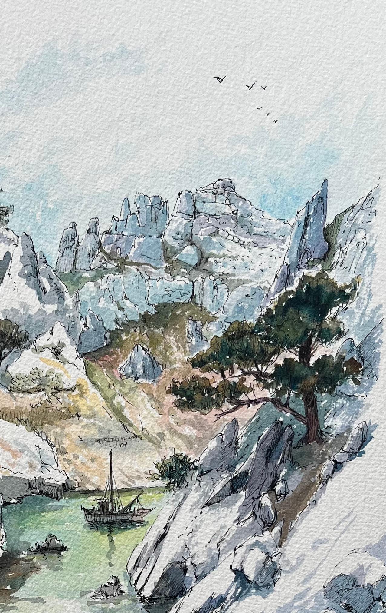 Título: Acuarela marsellesa de Calanques con pescadores y acantilados calcáreos
de Robert Lepine (francés, 1929 - 2017)
Firmado: Sí
Técnica: Acuarela sobre papel de artista
Tamaño: 15,25 x 11,25 (alto x ancho)
Procedencia: De la colección del