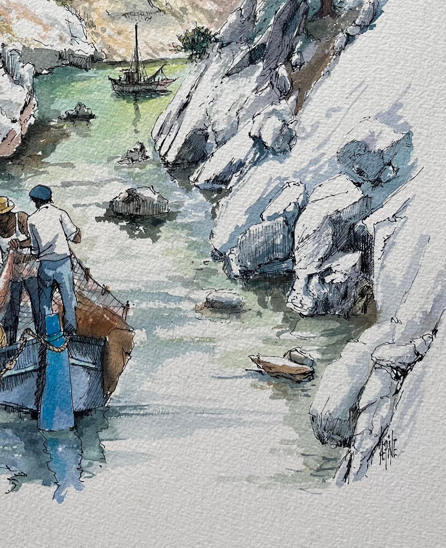 Acuarela marsellesa de Calanques con pescadores y acantilados calcáreos en venta 1