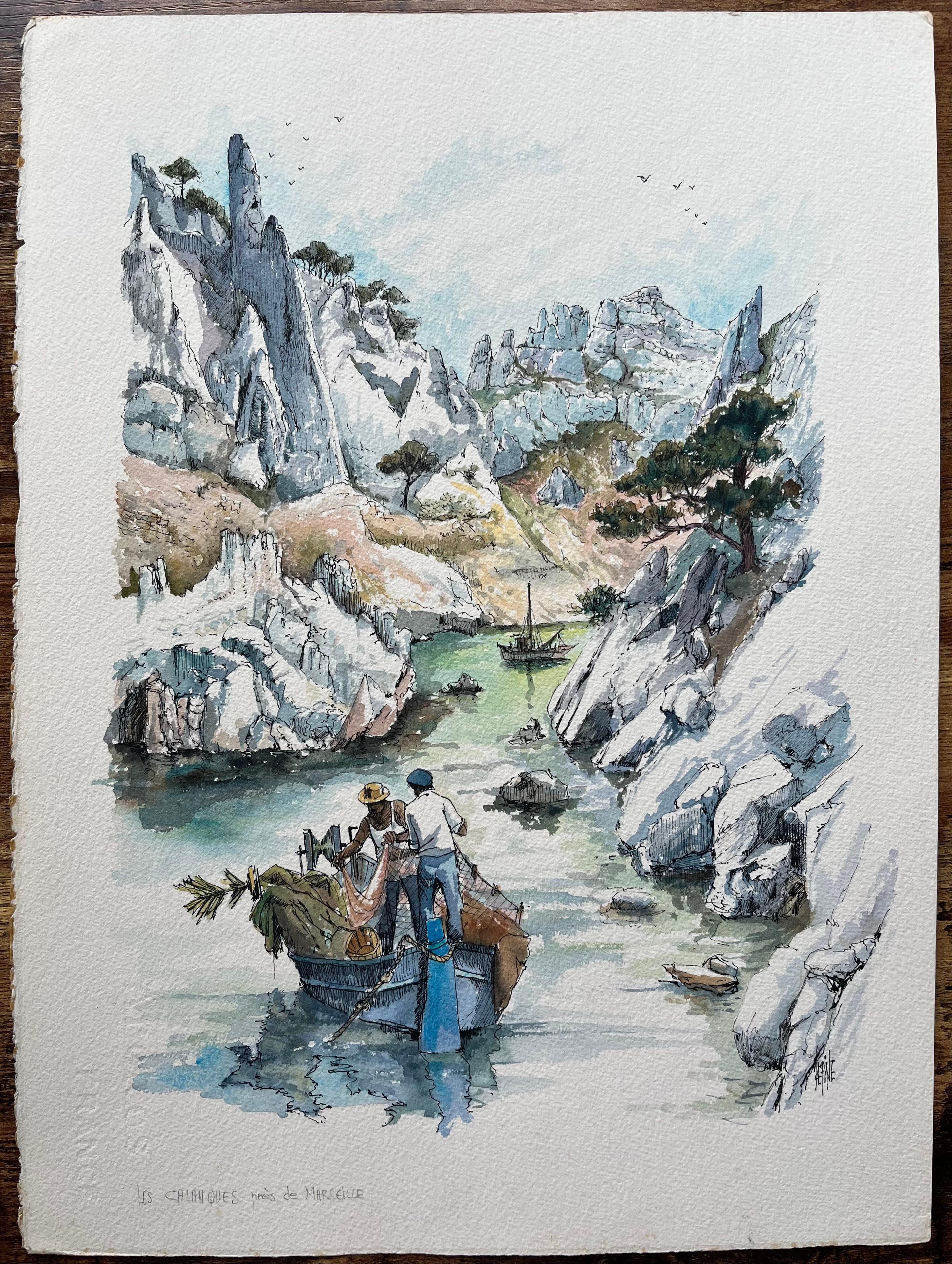 Acuarela marsellesa de Calanques con pescadores y acantilados calcáreos - Painting de Robert Lepine (1929 - 2017)