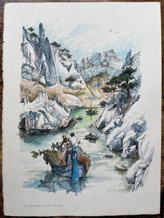 Marseille Watercolor of Calanques with Fishermen & Limestone Cliffs