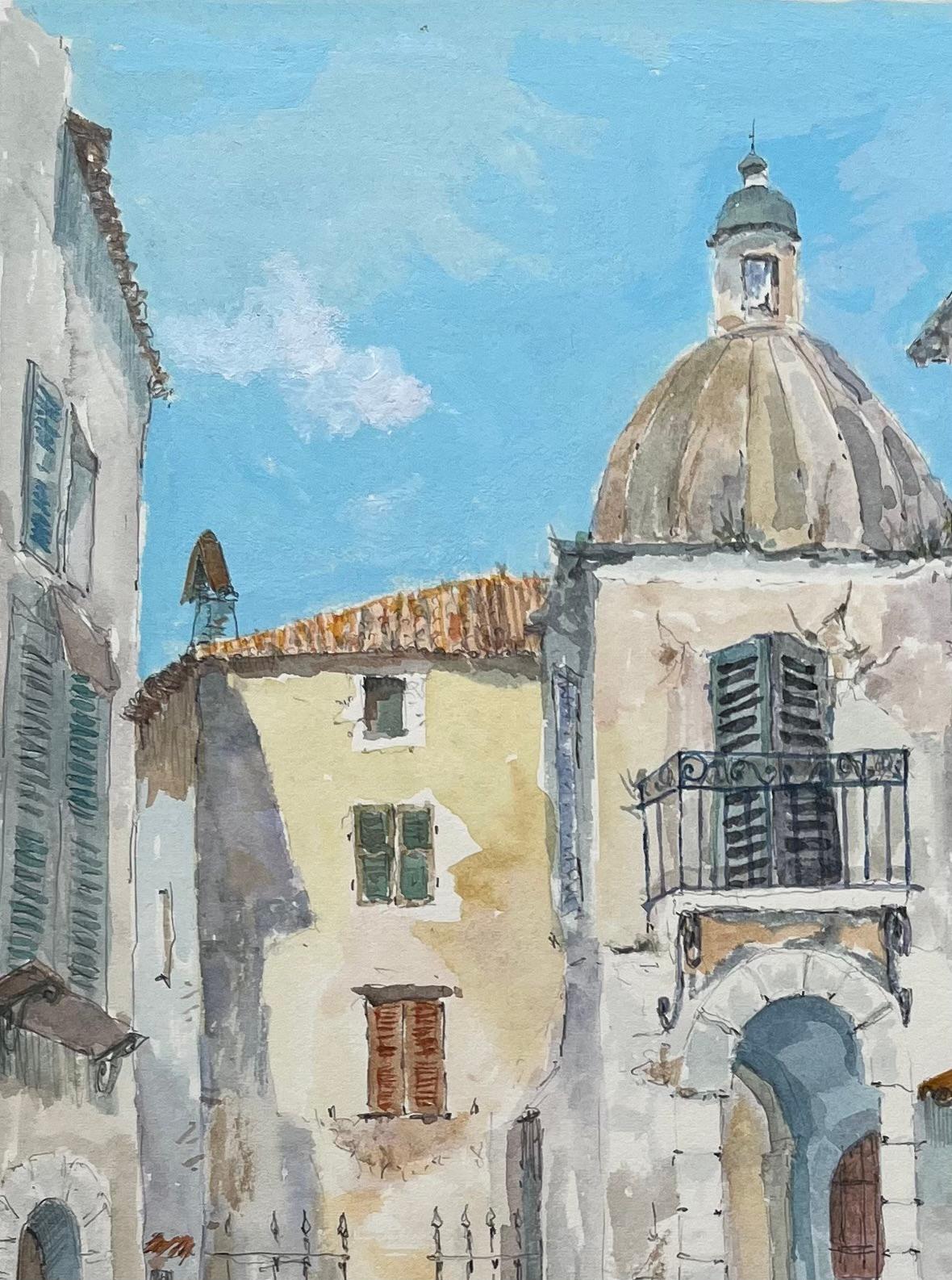 Acuarela provenzal de pueblo iluminado por el sol con buganvilla y cúpula histórica - Landscape Painting Gris de Robert Lepine (1929 - 2017)