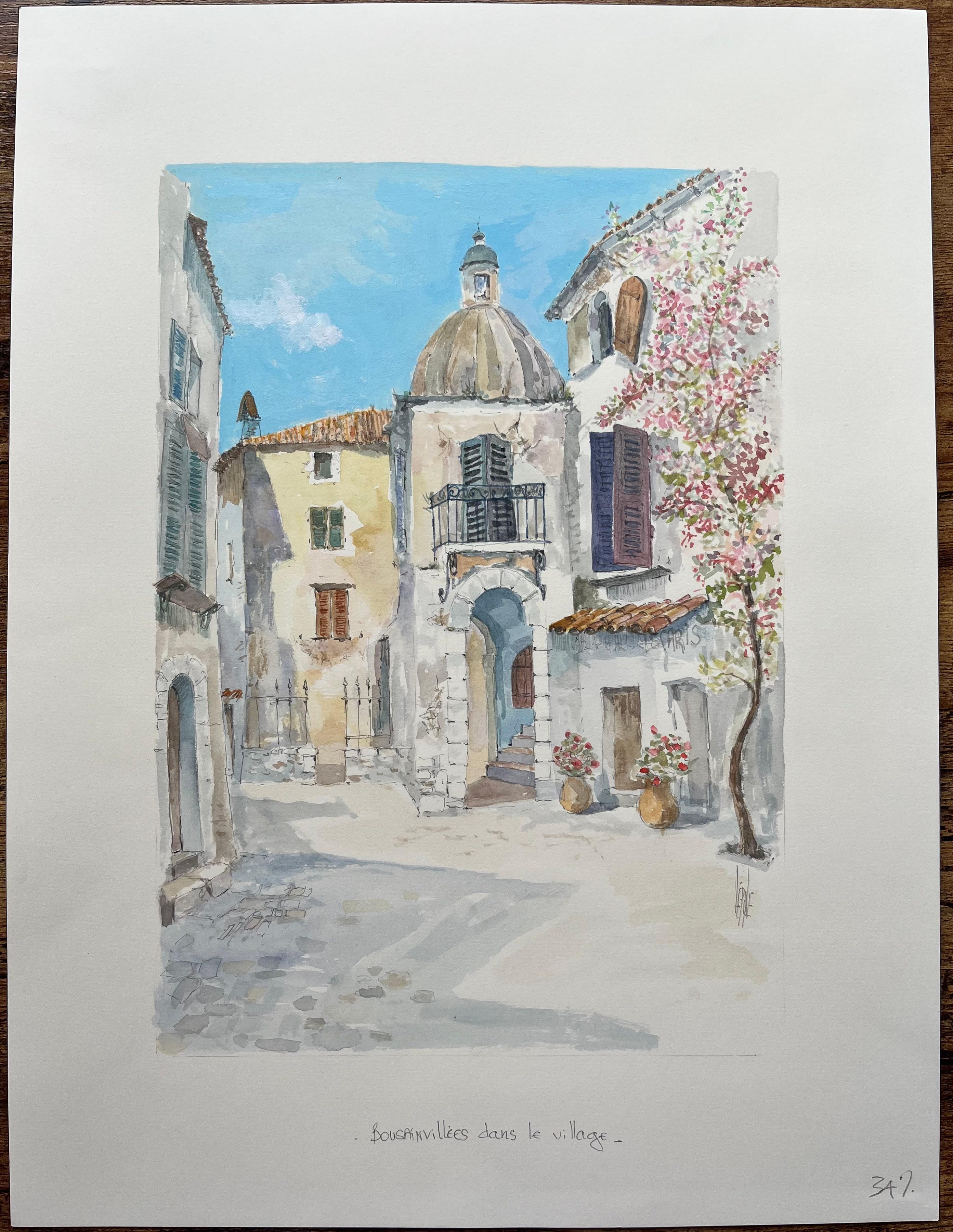 Acuarela provenzal de pueblo iluminado por el sol con buganvilla y cúpula histórica - Painting de Robert Lepine (1929 - 2017)