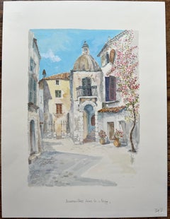 Provence Watercolor of Sunlit Village with Bougainvillea & Historic Dome
