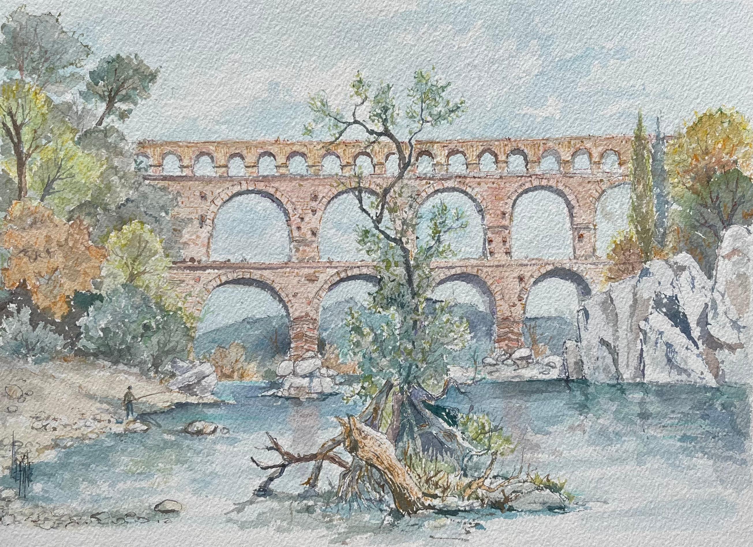 Robert Lepine (1929 - 2017) Landscape Art – Aquarell aus der Provence, Pont du Gard, römische Aquädukt- und Flusssss-Szene, Provence