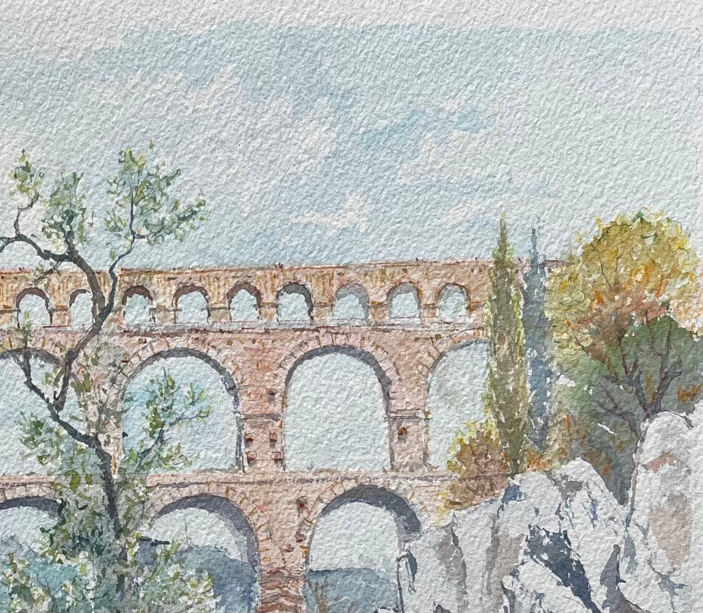 Aquarell aus der Provence, Pont du Gard, römische Aquädukt- und Flusssss-Szene, Provence (Grau), Landscape Art, von Robert Lepine (1929 - 2017)
