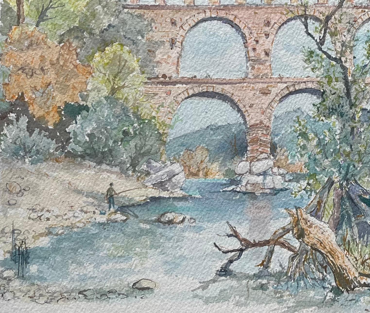 Aquarell aus der Provence, Pont du Gard, römische Aquädukt- und Flusssss-Szene, Provence im Angebot 1