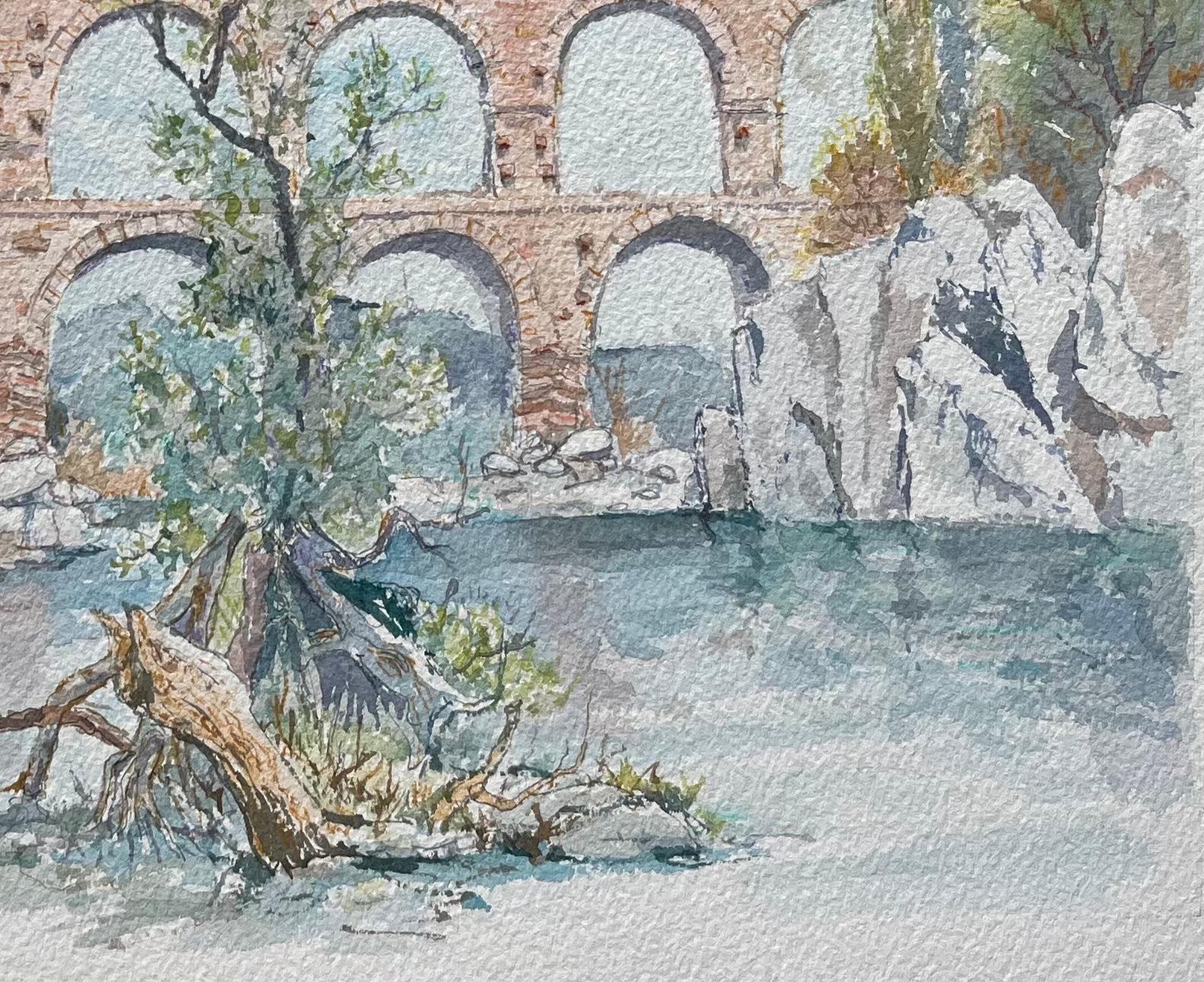 Aquarell aus der Provence, Pont du Gard, römische Aquädukt- und Flusssss-Szene, Provence im Angebot 2