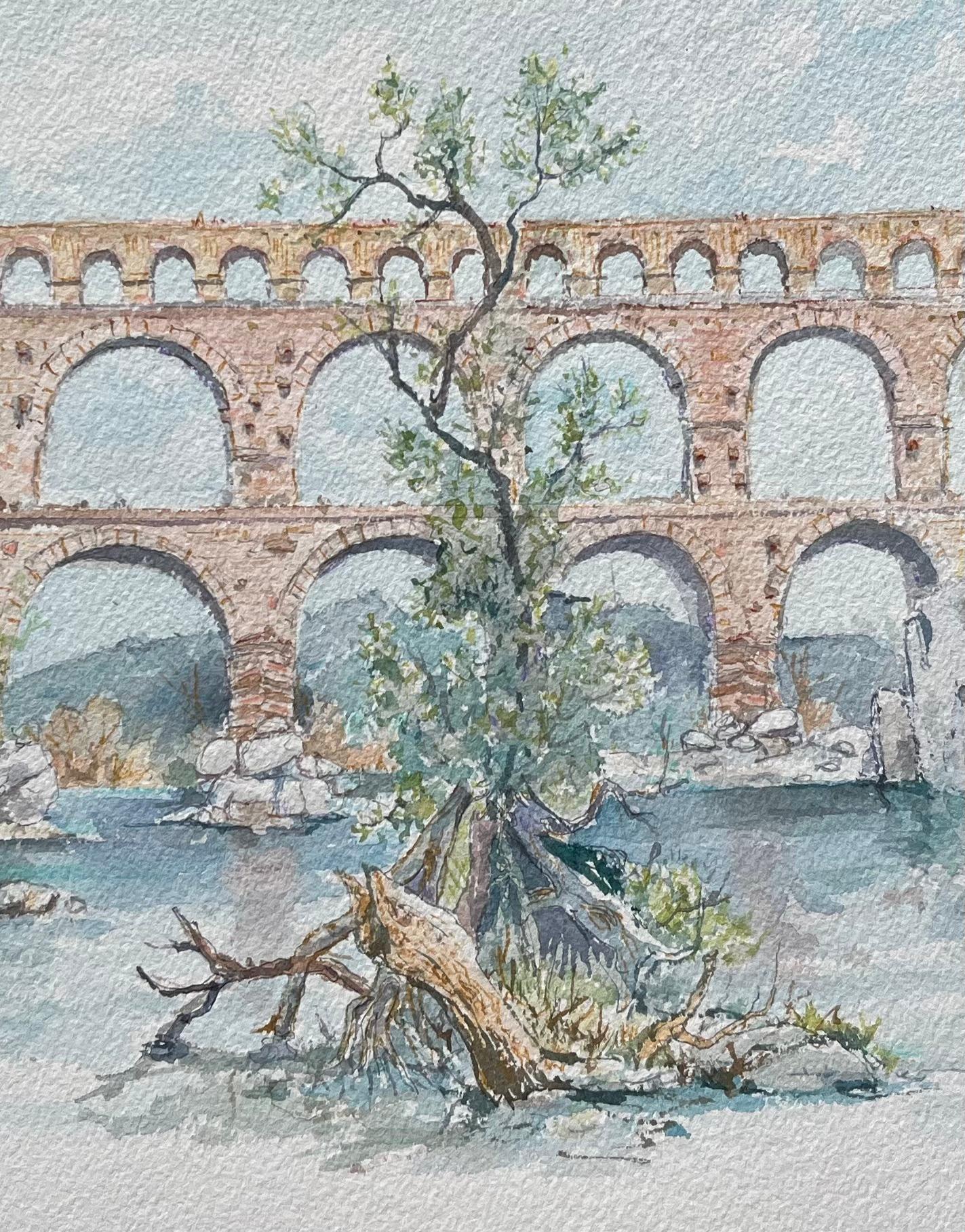 Titel: Provence Aquarell des römischen Aquädukts Pont du Gard & Fluss-Szene
von Robert Lepine (Franzose, 1929 - 2017)
Unterschrieben: Ja
Medium: Aquarellmalerei auf Künstlerpapier
Größe: 12,25 x 16,25 (Höhe x Breite)
Provenienz: Aus der Sammlung des