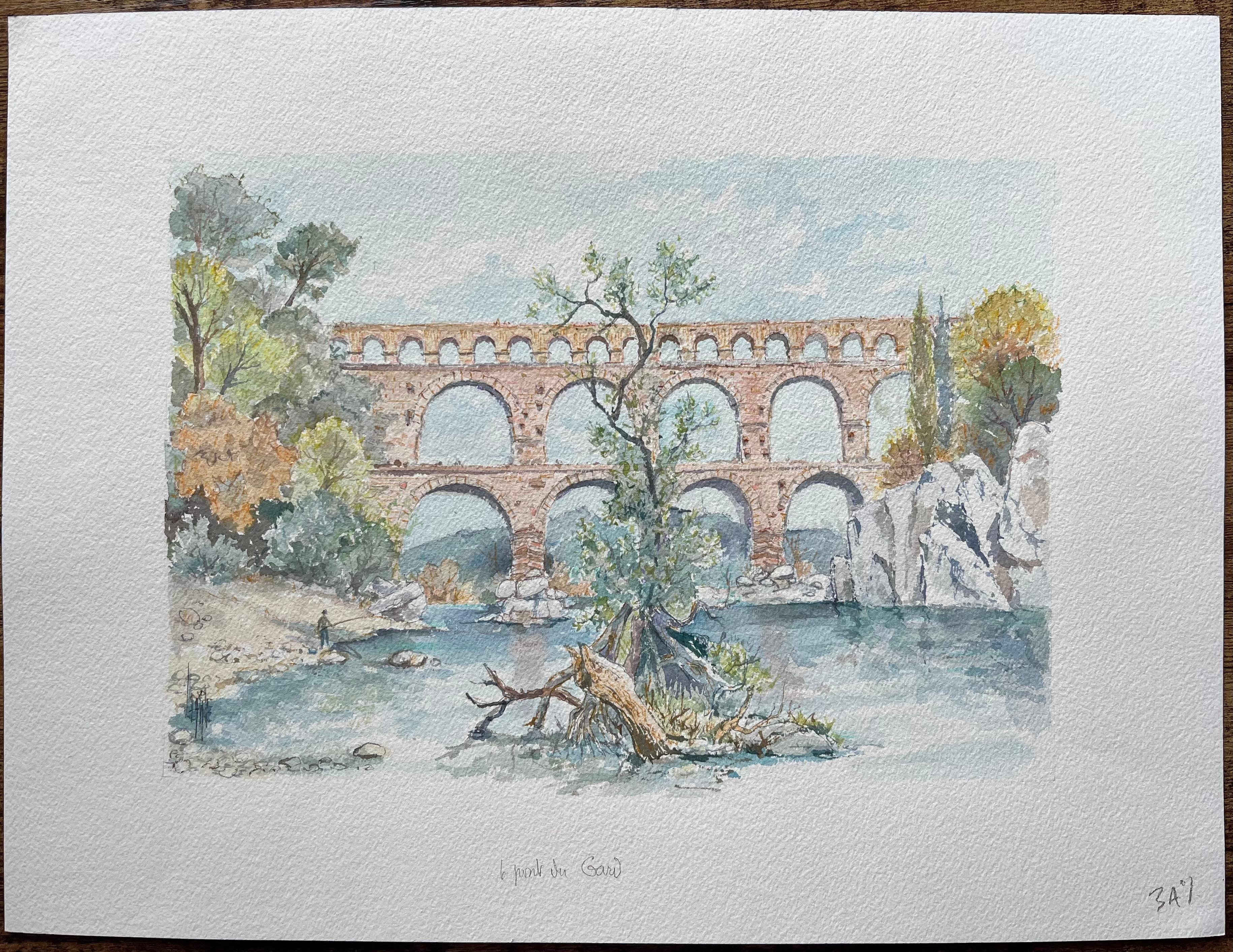 Aquarell aus der Provence, Pont du Gard, römische Aquädukt- und Flusssss-Szene, Provence – Art von Robert Lepine (1929 - 2017)