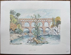 Acquerello provenzale di Pont du Gard, acquedotto romano e scena fluviale
