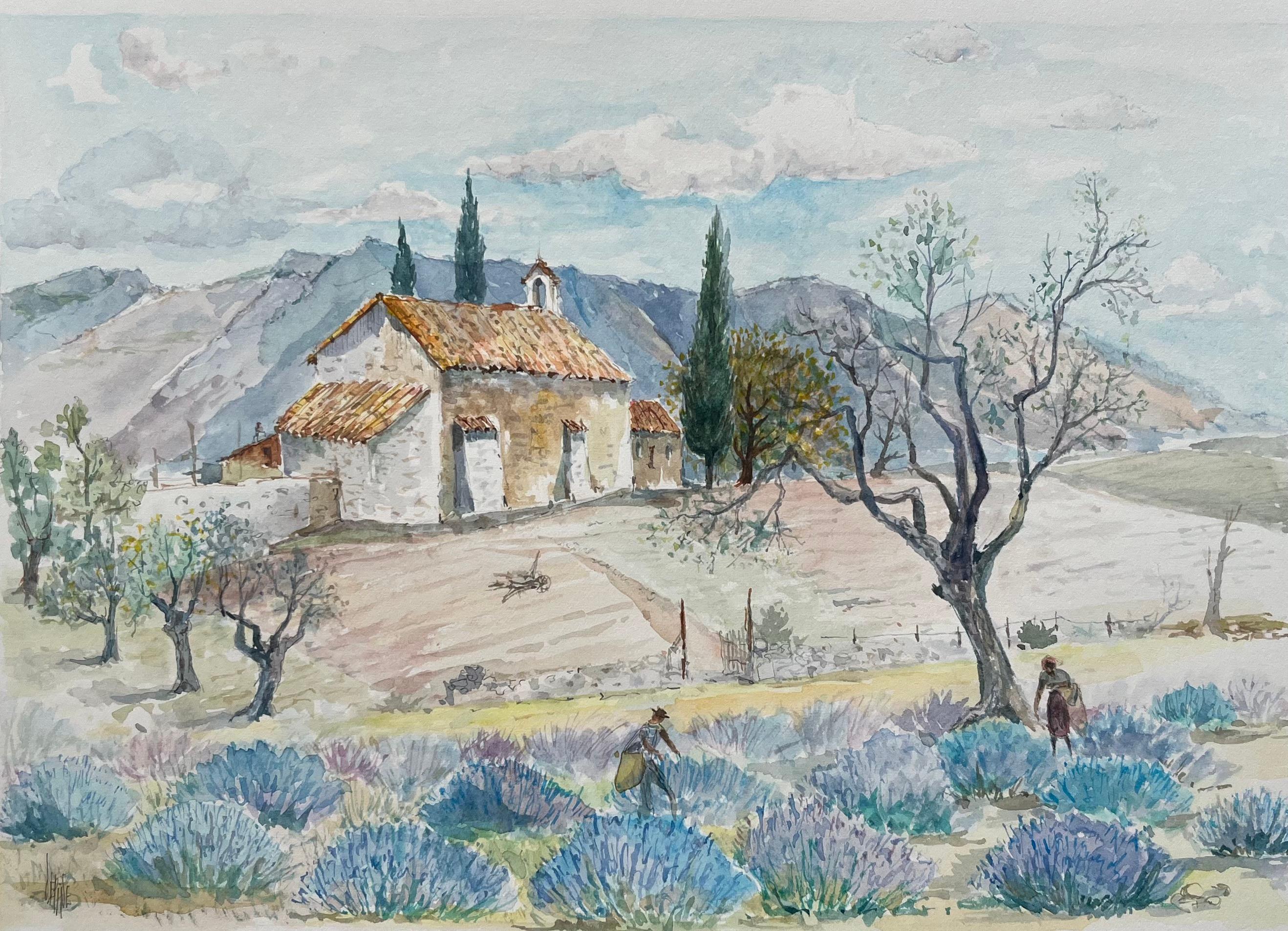 Landscape Art de Robert Lepine (1929 - 2017) - Acuarela provenzal de campos de lavanda y capilla rústica en el campo