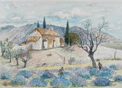 Vintage Provence Watercolor of Lavender Fields & Rustic Chapel in Countryside