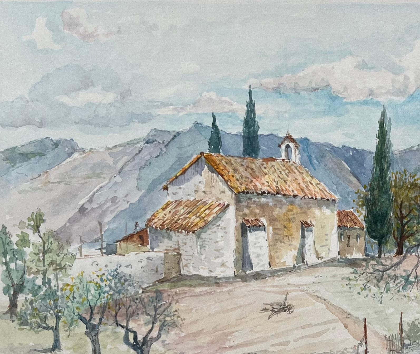 Acuarela provenzal de campos de lavanda y capilla rústica en el campo - Landscape Art Gris de Robert Lepine (1929 - 2017)