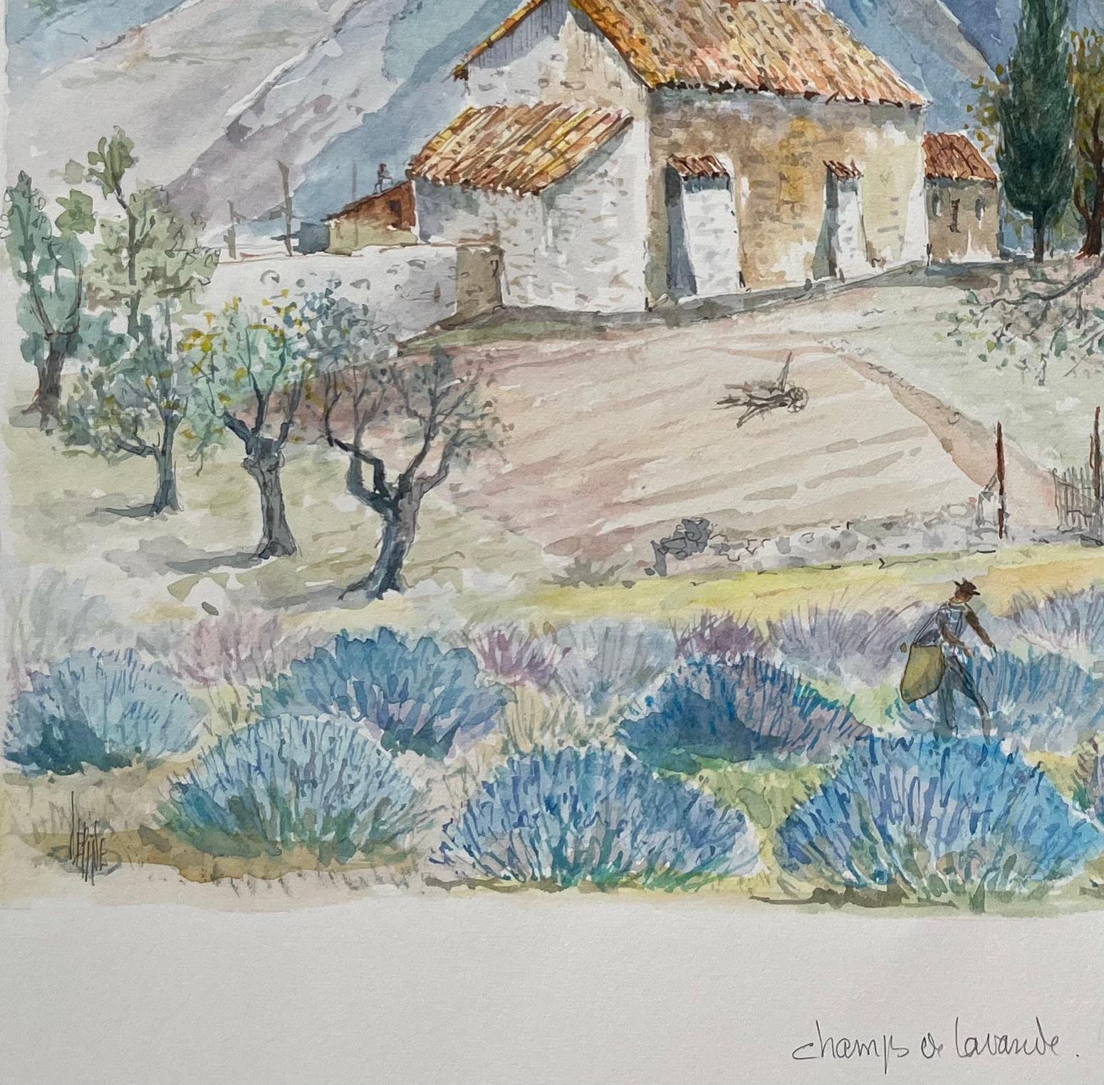 Acuarela provenzal de campos de lavanda y capilla rústica en el campo en venta 1