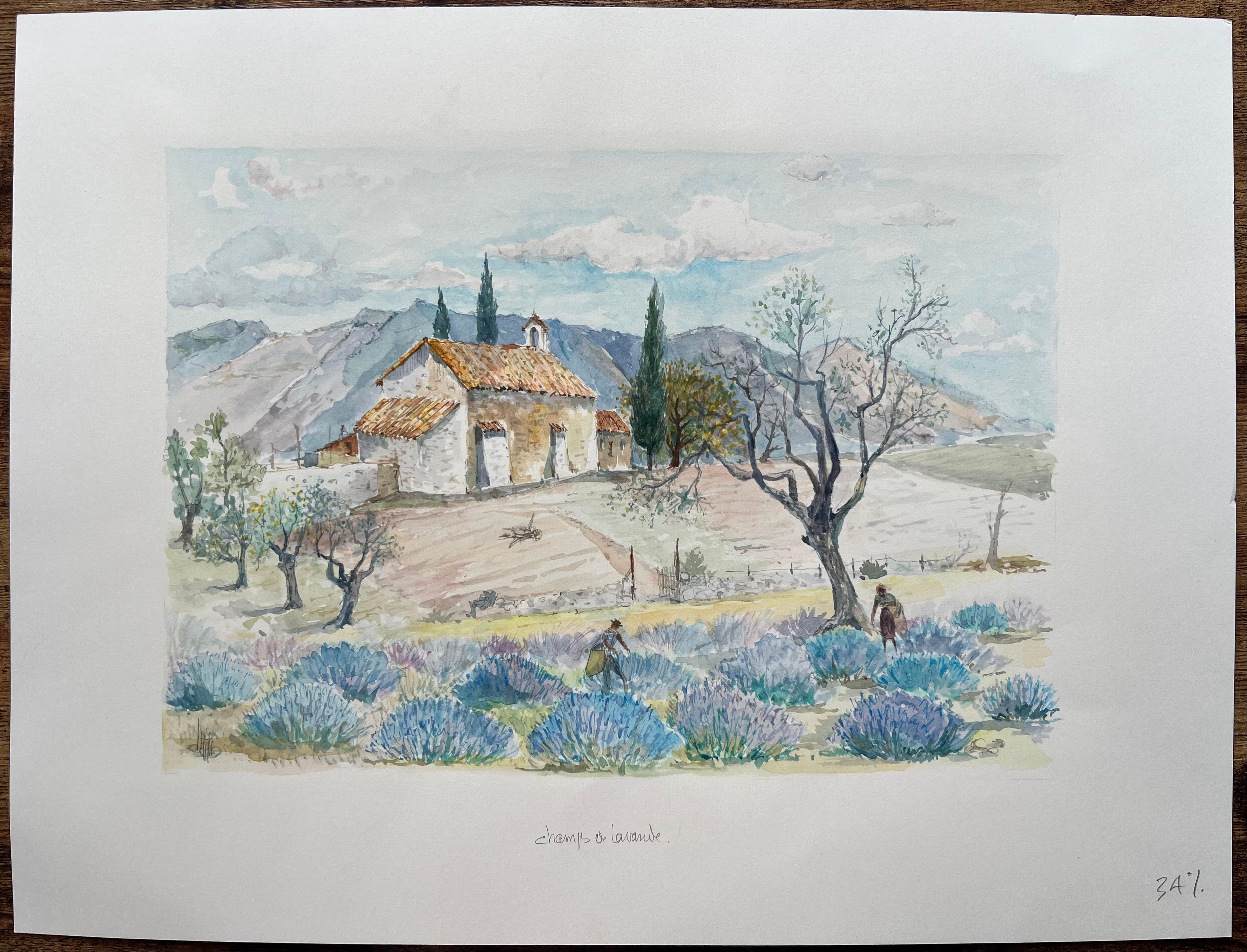 Acuarela provenzal de campos de lavanda y capilla rústica en el campo - Art de Robert Lepine (1929 - 2017)