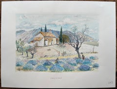 Provence Watercolor of Lavender Fields & Rustic Chapel in Countryside