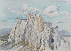 Acuarela provenzal del castillo de Baux y acantilados calcáreos iluminados por el sol