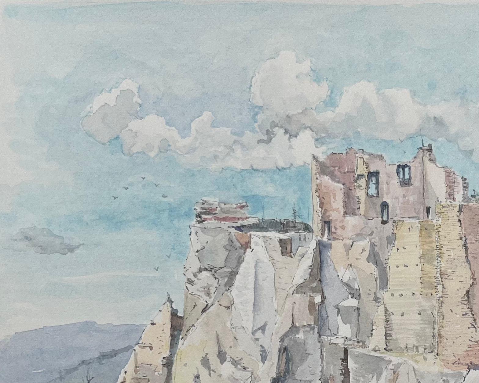 Acuarela provenzal del castillo de Baux y acantilados calcáreos iluminados por el sol - Painting Escuela francesa de Robert Lepine (1929 - 2017)