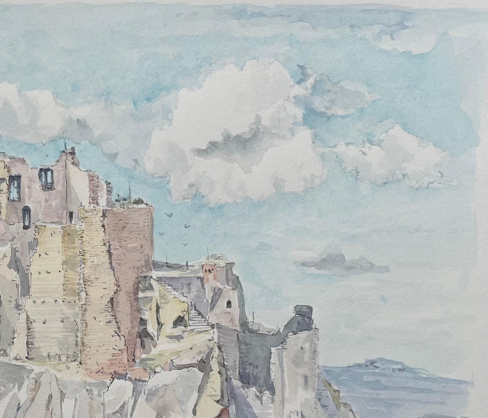 Acuarela provenzal del castillo de Baux y acantilados calcáreos iluminados por el sol - Landscape Painting Gris de Robert Lepine (1929 - 2017)