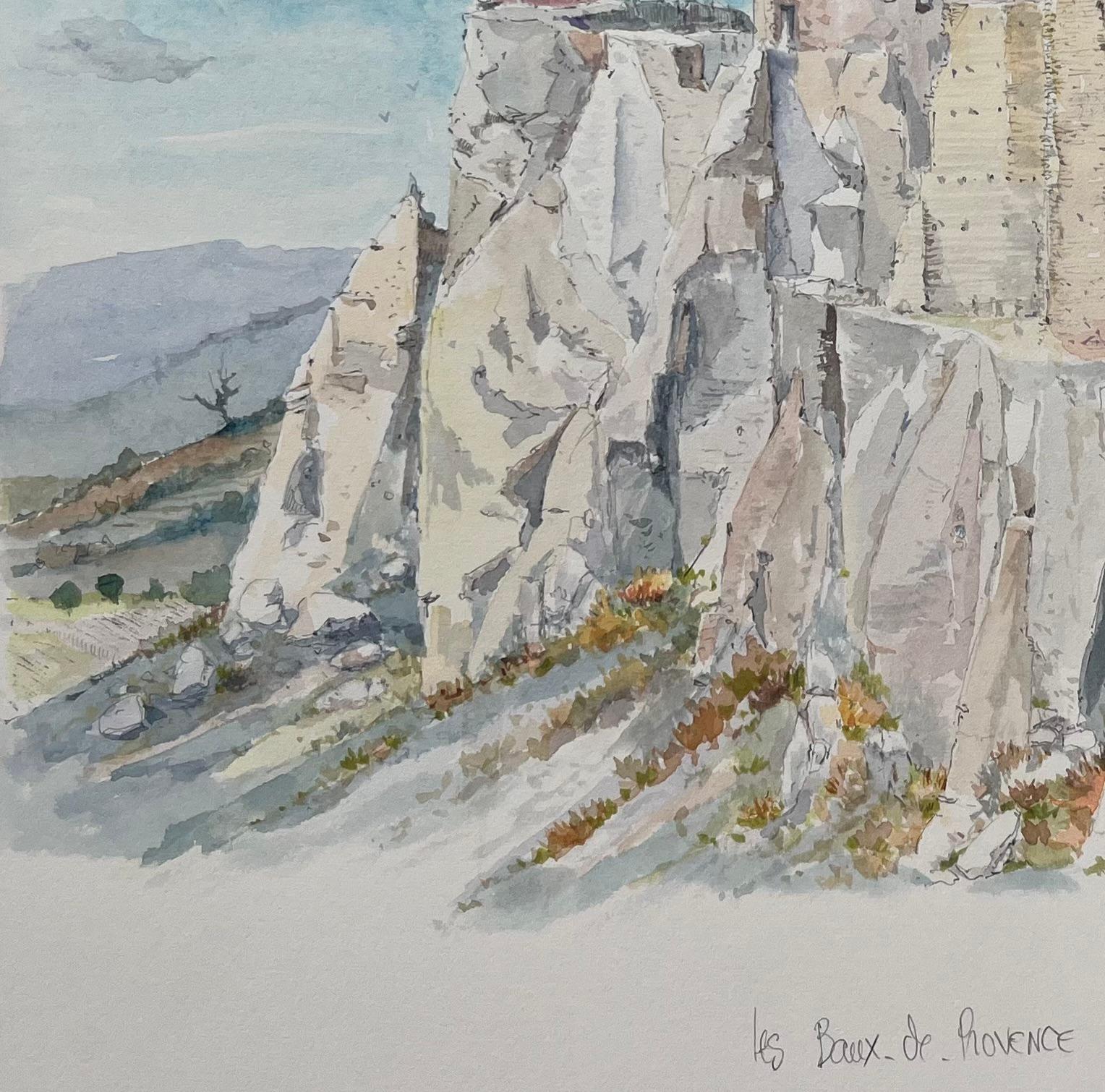 Acuarela provenzal del castillo de Baux y acantilados calcáreos iluminados por el sol en venta 1