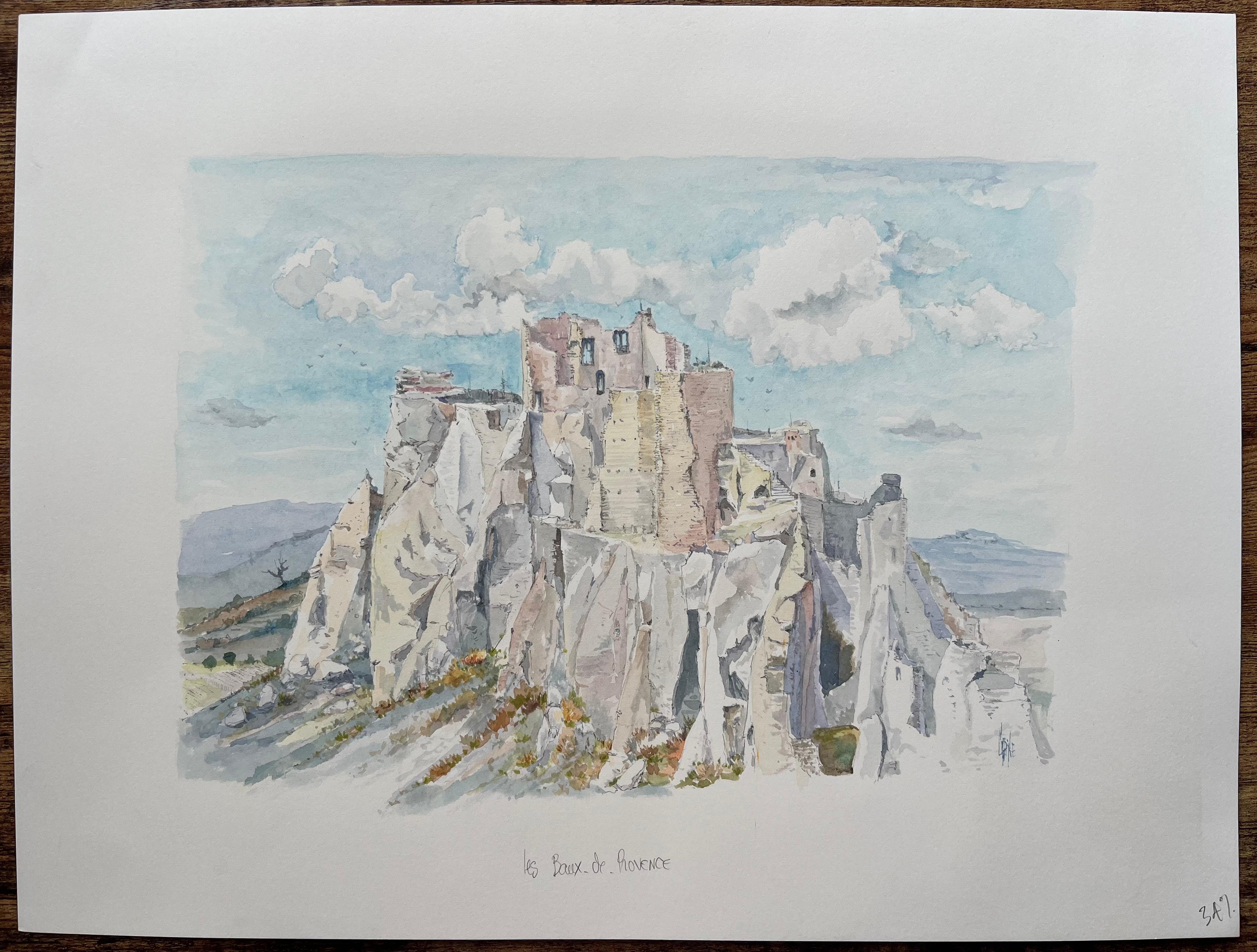 Acuarela provenzal del castillo de Baux y acantilados calcáreos iluminados por el sol - Painting de Robert Lepine (1929 - 2017)